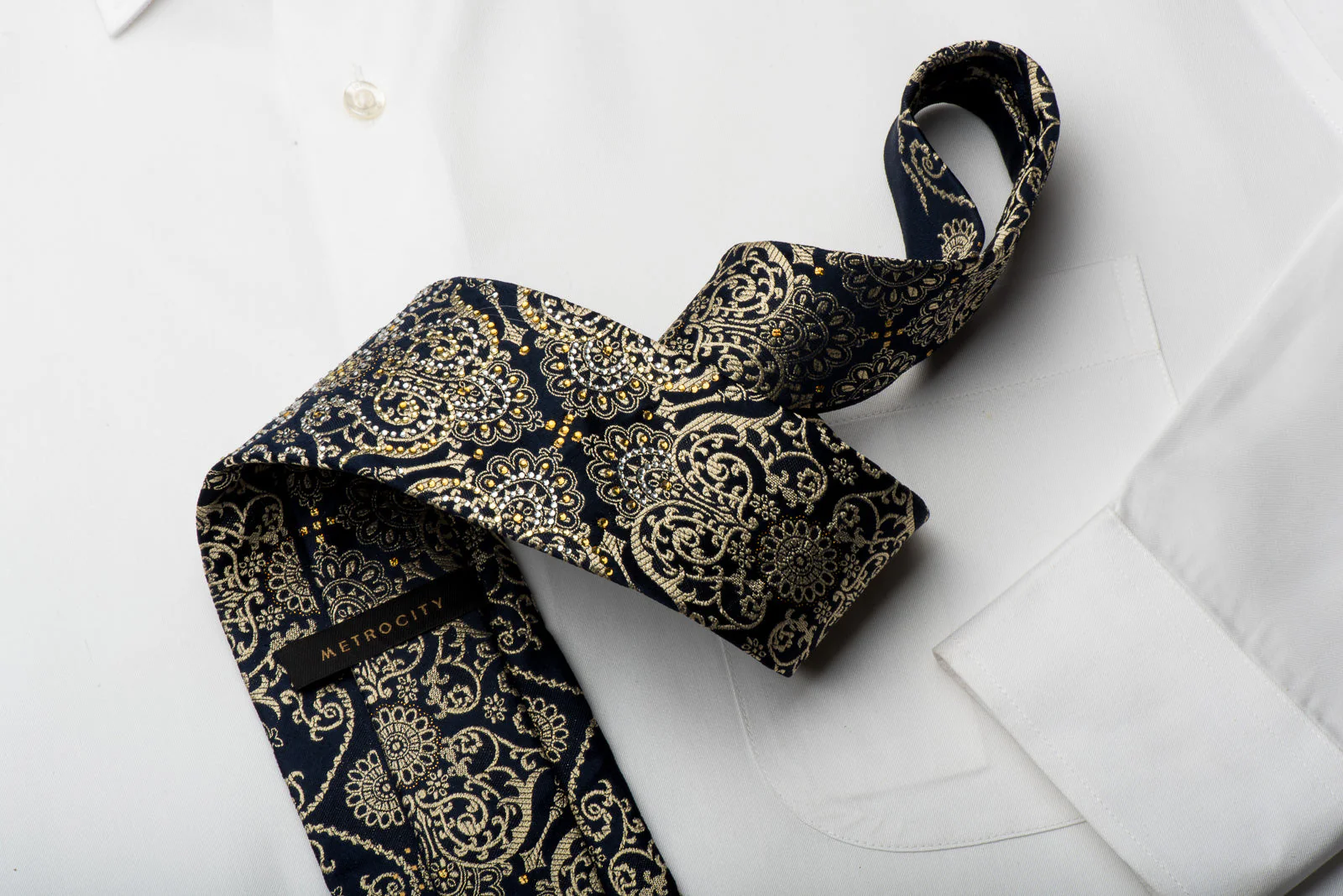 Metro City Rhinestone Silk Necktie Gold Damask On Navy With Gold Sparkles - Image 8