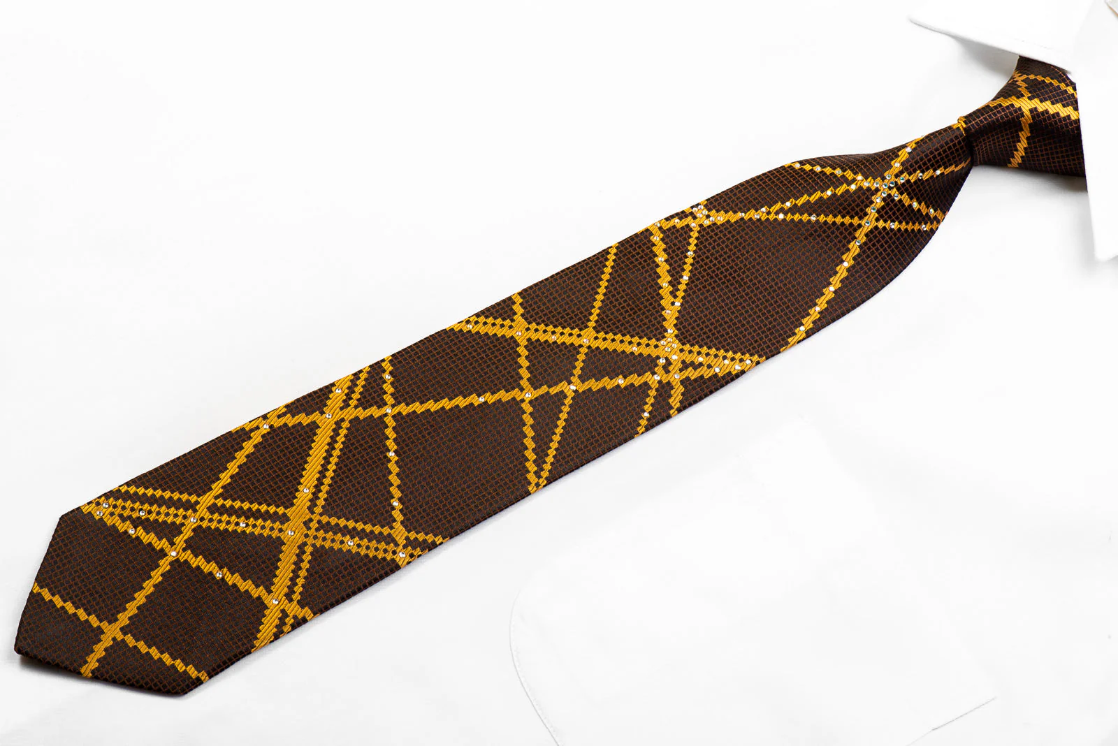 Metro City Rhinestone Silk Necktie Gold Geometric Stripes On Brown - Image 3