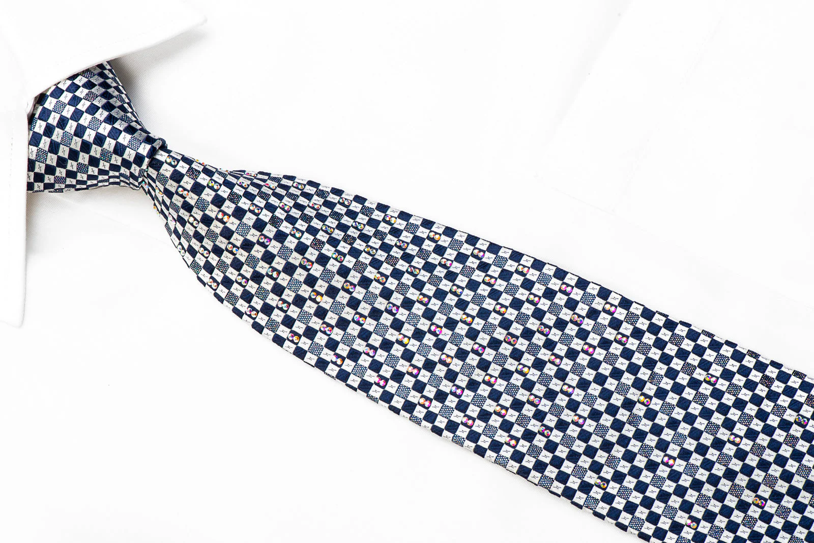 Metro City Rhinestone Silk Necktie Silver Navy Checkered With Silver Sparkles - Image 2