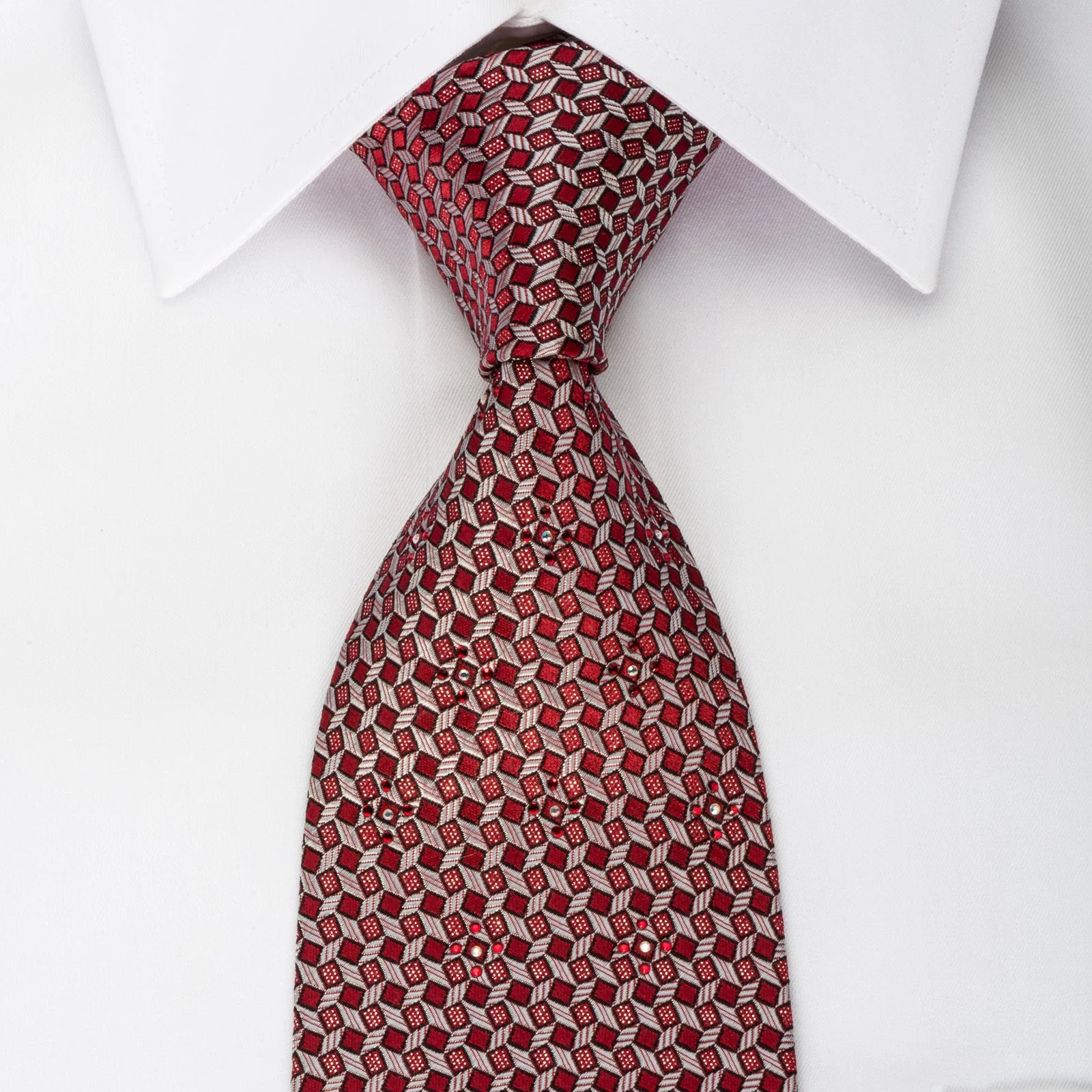 Metro City Rhinestone Silk Necktie Silver Trellis On Burgundy With Silver Sparkles
