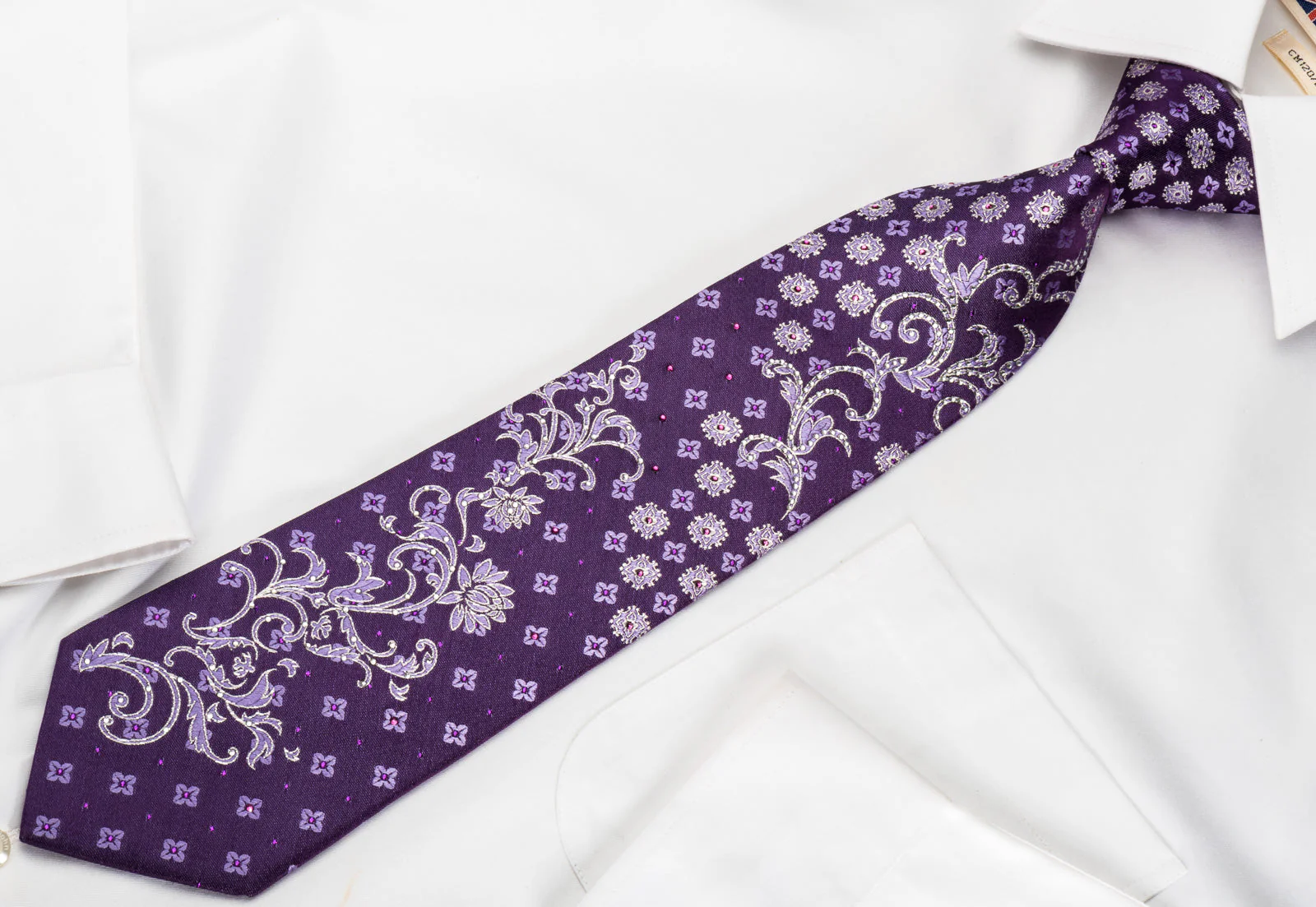 Metro City Rhinestone Silk Tie Floral On Purple With Silver Sparkles - Image 4