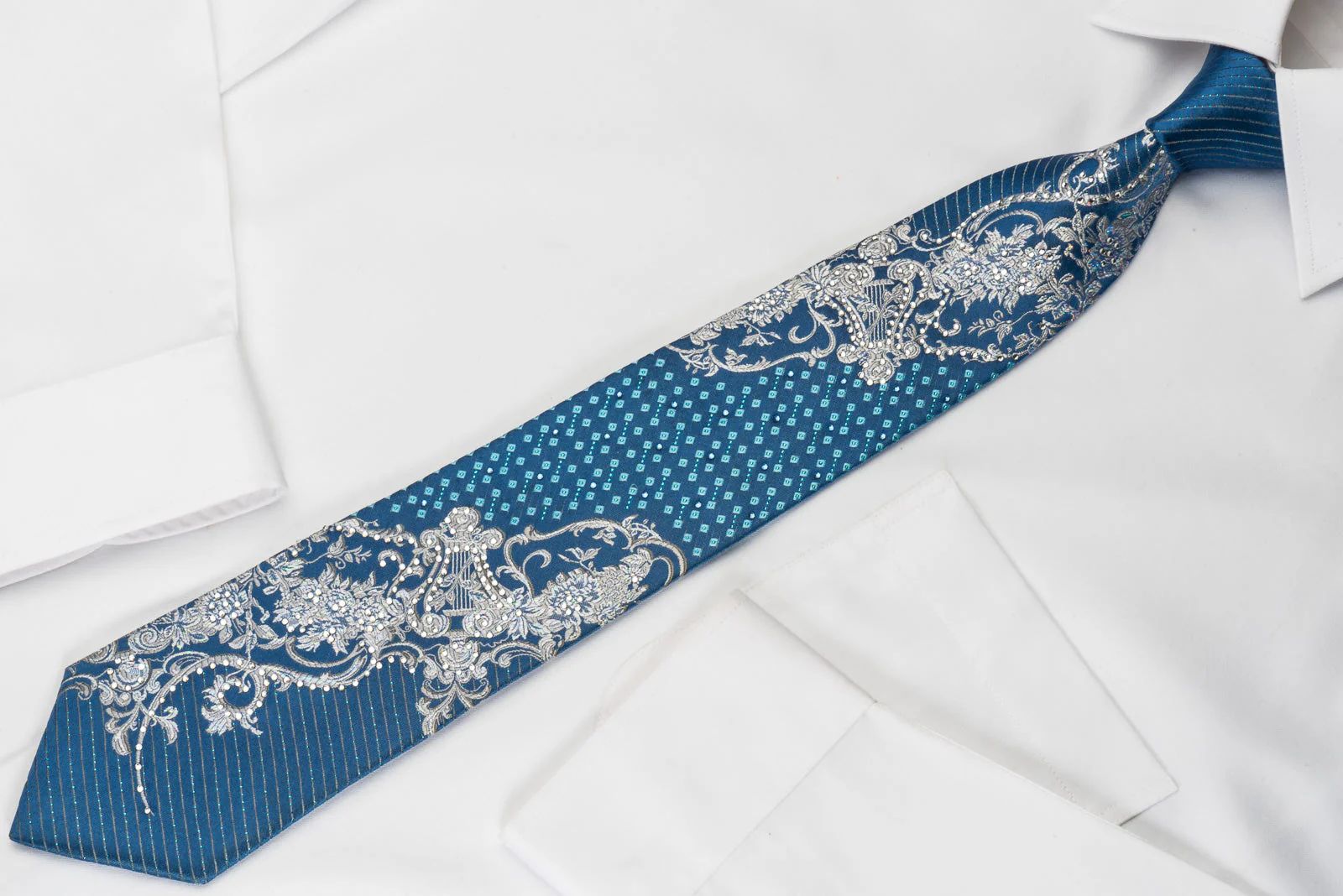 Metro City Rhinestone Tie Silver Scrolls On Blue With Silver Sparkles - Image 3