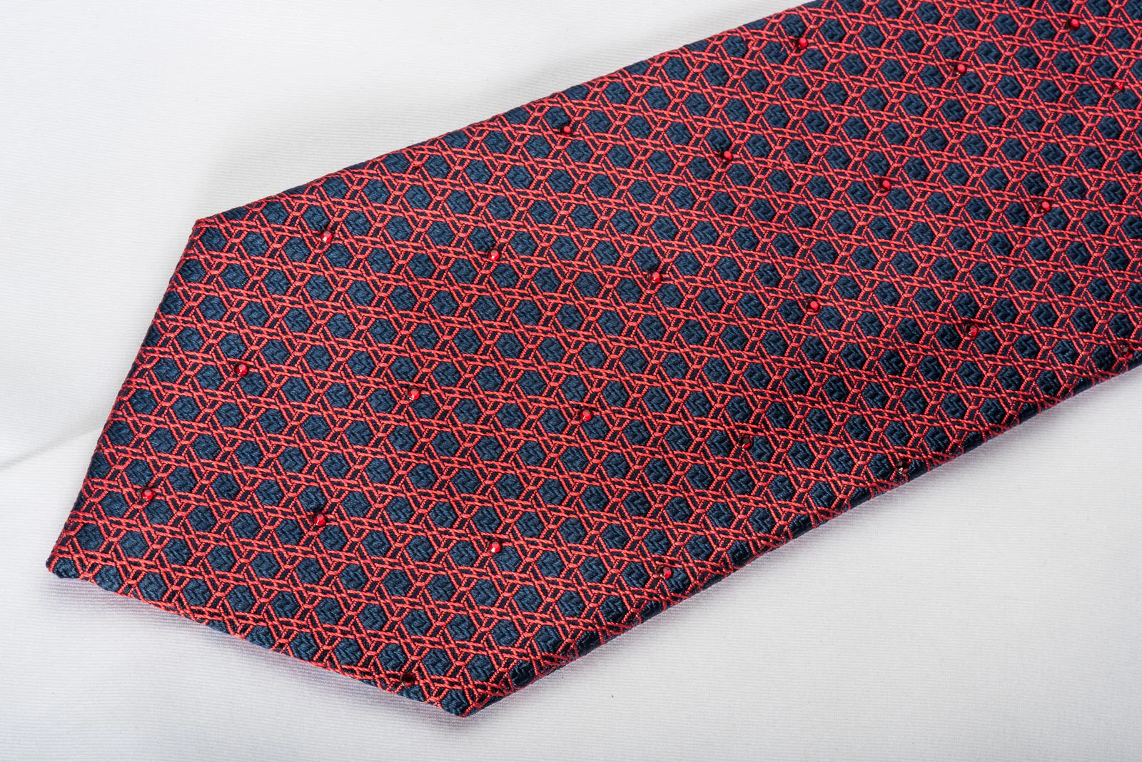 Metro City Silk Necktie Red Trellis On Blue With Red Rhinestones - Image 2