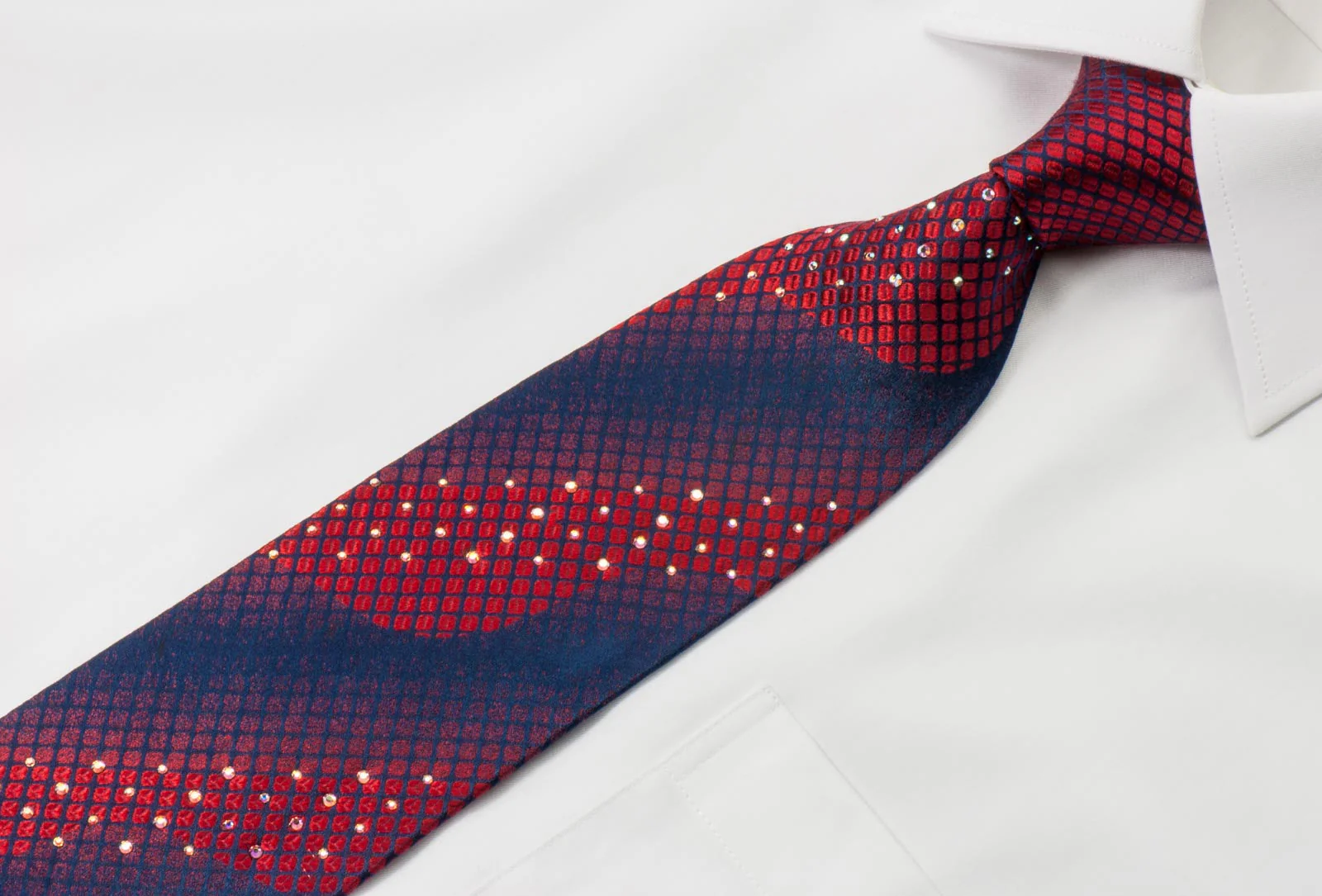 Metro City Silk Tie Red Geometric Design On Blue With Rhinestones - Image 2