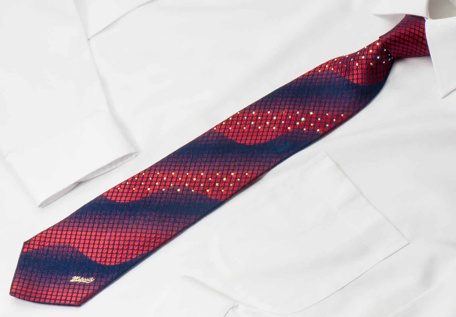 Metro City Silk Tie Red Geometric Design On Blue With Rhinestones - Image 6