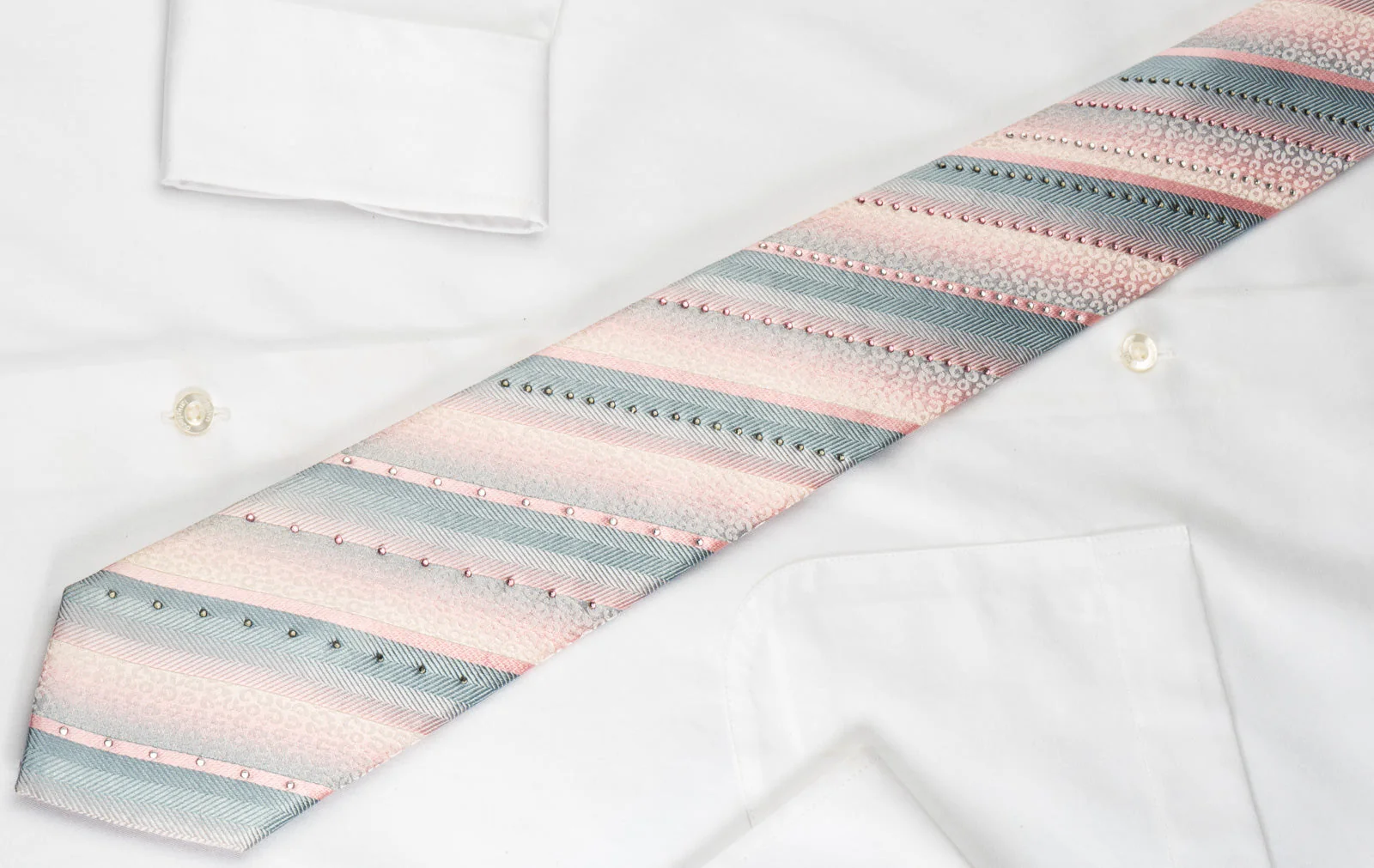 Metro City Silk Tie Silver Pink Striped With Crystal Rhinestones - Image 3