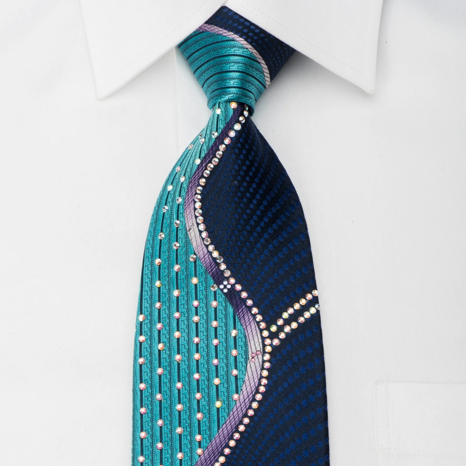 Metro City Silk Tie Wave In Teal Blue Purple Sparkling With Rhinestones