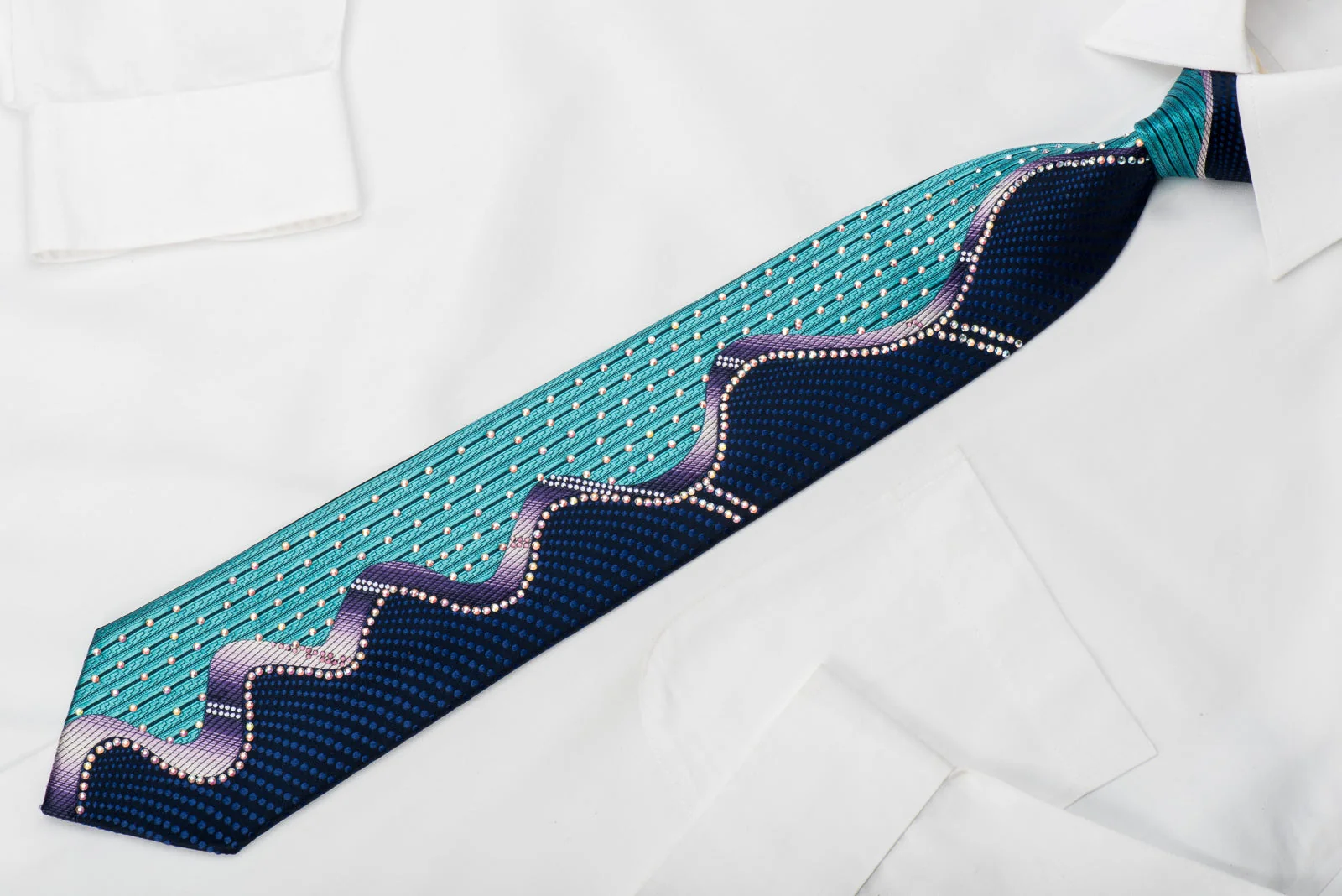Metro City Silk Tie Wave In Teal Blue Purple Sparkling With Rhinestones - Image 3