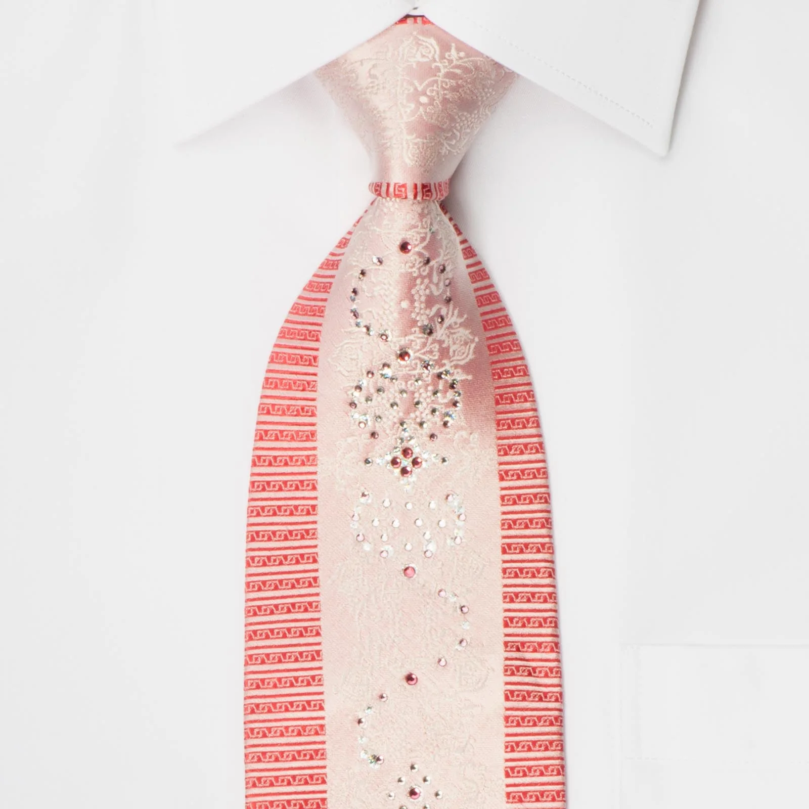 Michel Klein Men's Rhinestone Necktie White Damask On Pink With Red Stripes - Image 3