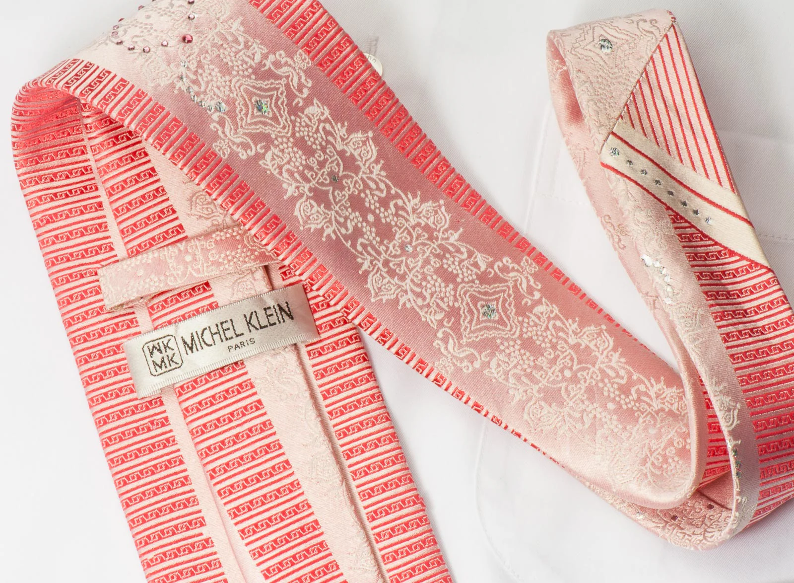 Michel Klein Men's Rhinestone Necktie White Damask On Pink With Red Stripes - Image 4