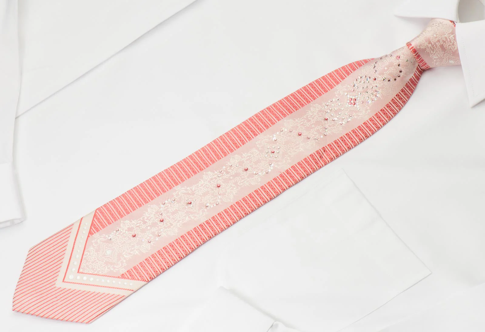 Michel Klein Men's Rhinestone Necktie White Damask On Pink With Red Stripes - Image 5