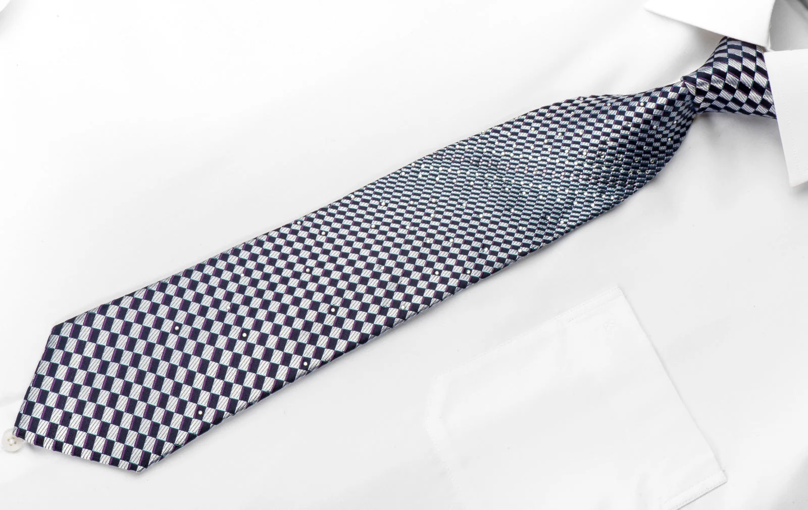 Micheal Angelo Men's Rhinestone Tie Silver Navy Blue Wave Checkered With Silver Sparkles - Image 6