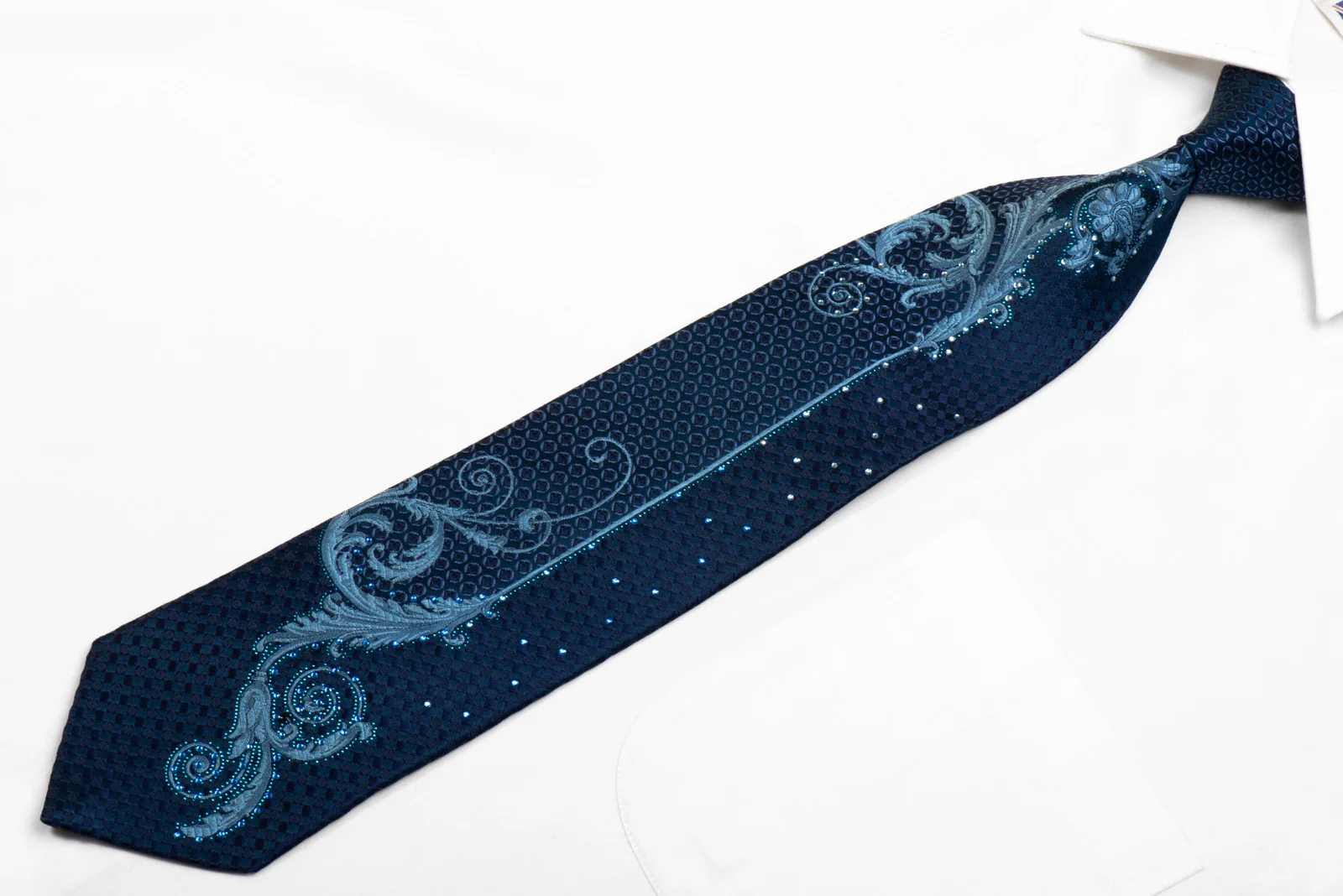 Micheal Angelo Rhinestone Necktie Acanthus Scrolls On Blue With Sparkles - Image 3