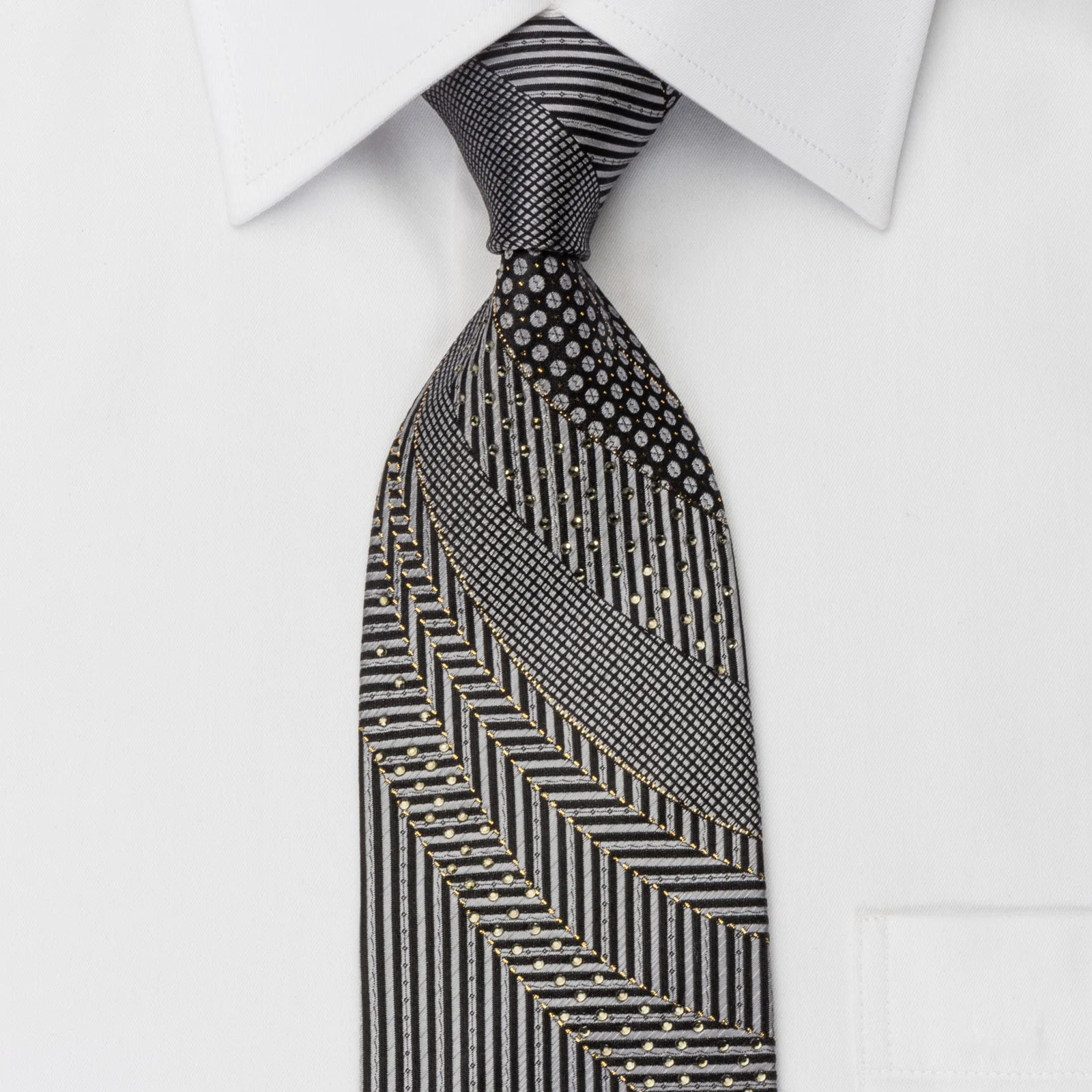 Michiko Koshino Rhinestone Necktie Silver Geometric On Black With Silver Sparkles