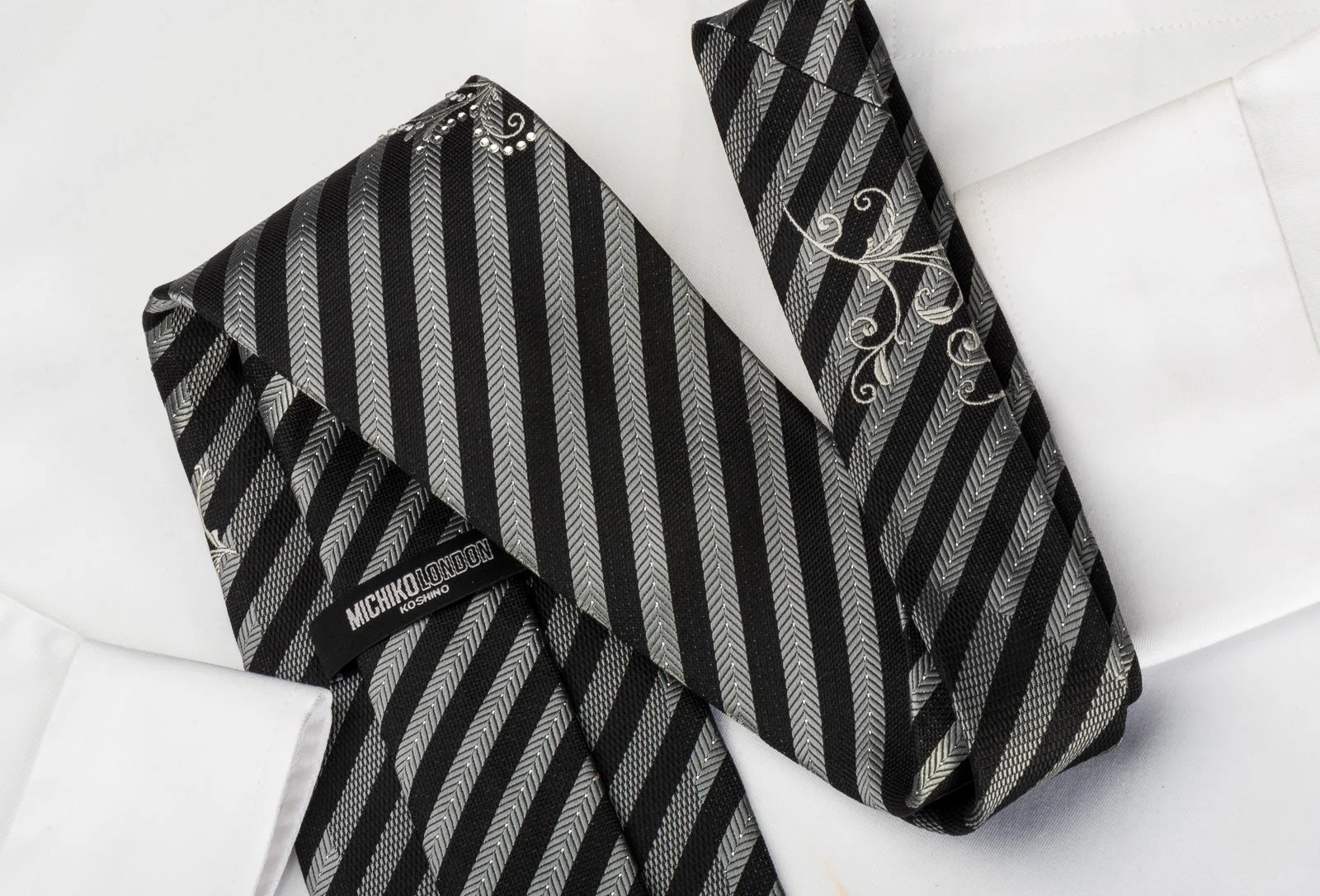 Silver Black Striped Rhinestone Silk Necktie With Silver Sparkles - Image 4