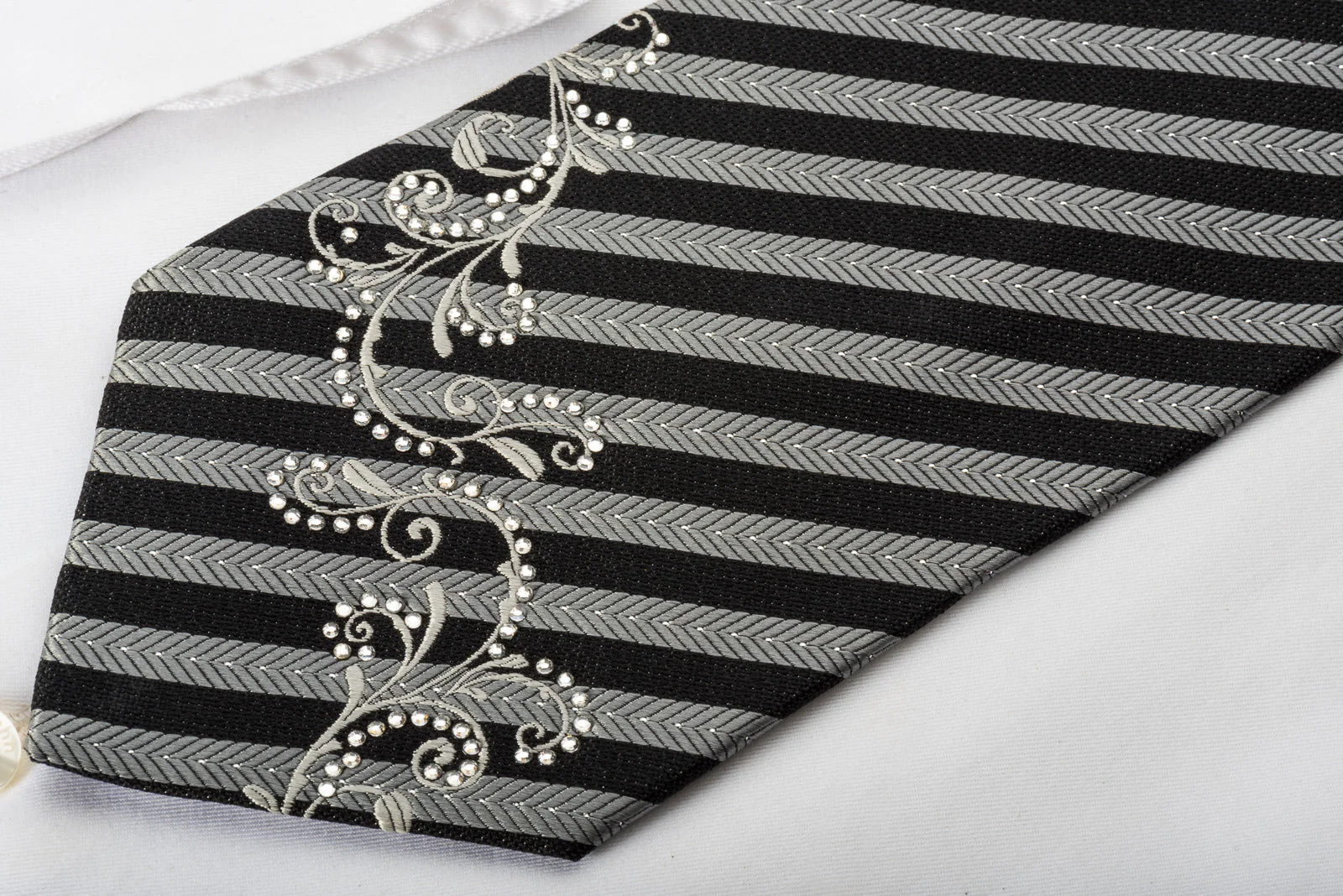 Silver Black Striped Rhinestone Silk Necktie With Silver Sparkles - Image 5