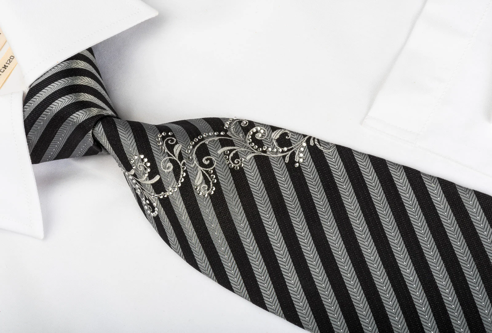 Silver Black Striped Rhinestone Silk Necktie With Silver Sparkles - Image 7