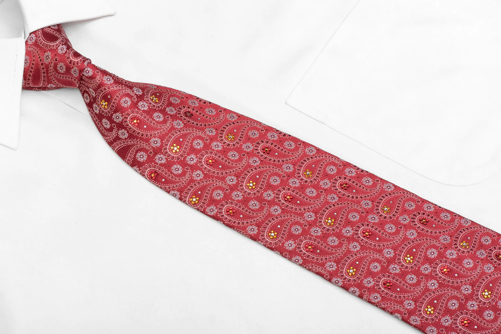 Paisley & Floral On Red Rhinestone Silk Necktie With Silver Sparkles - Image 2
