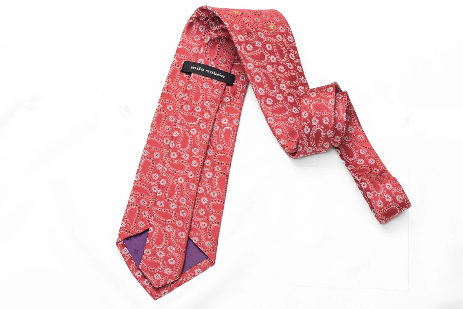 Paisley & Floral On Red Rhinestone Silk Necktie With Silver Sparkles - Image 4