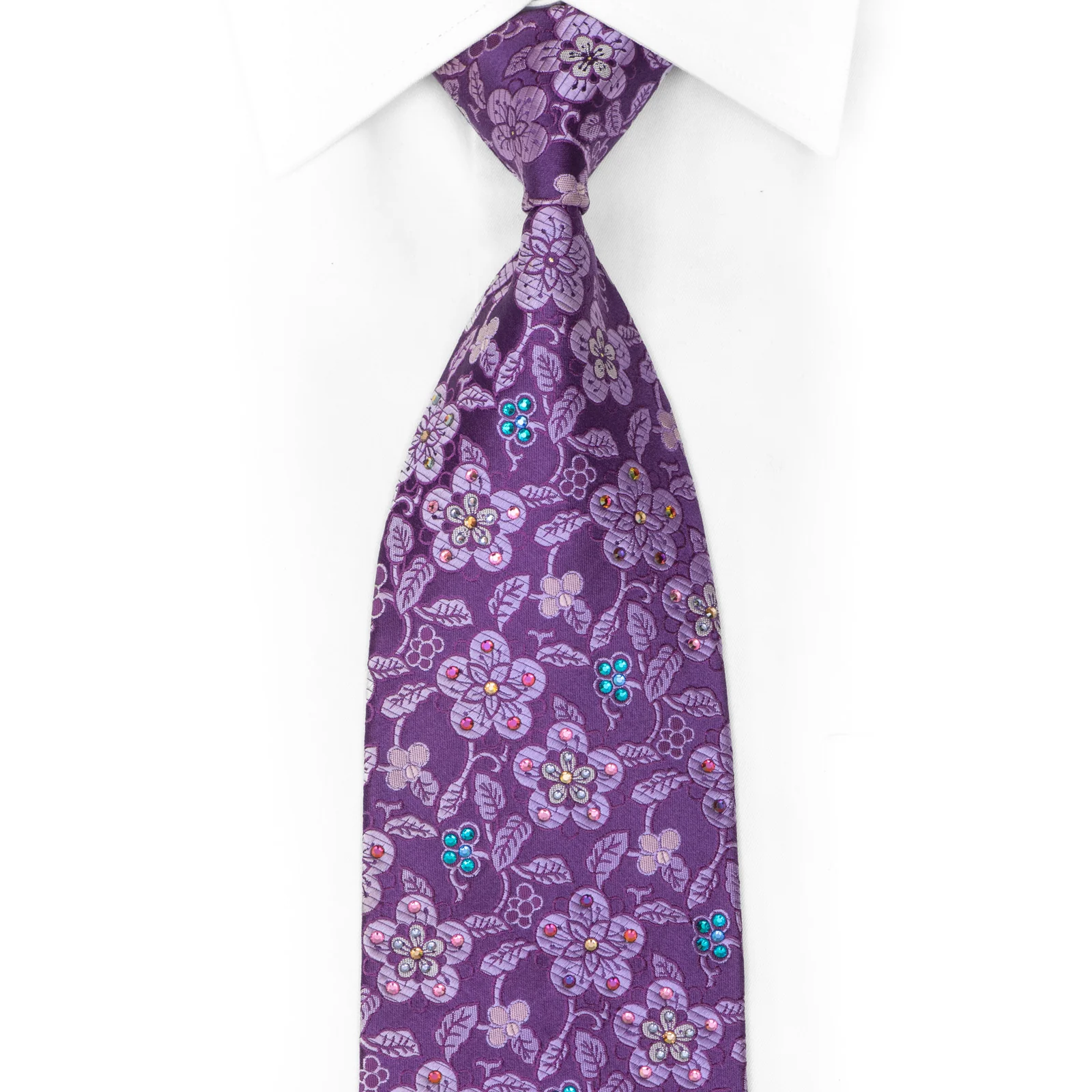 Floral On Purple Rhinestone Silk Necktie - Image 2