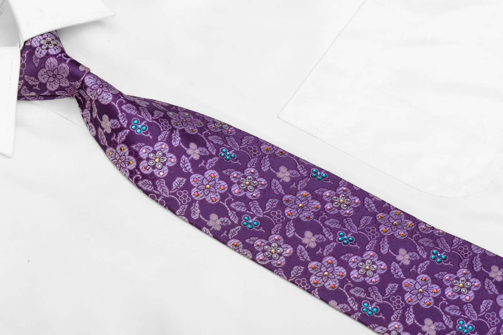 Floral On Purple Rhinestone Silk Necktie - Image 3