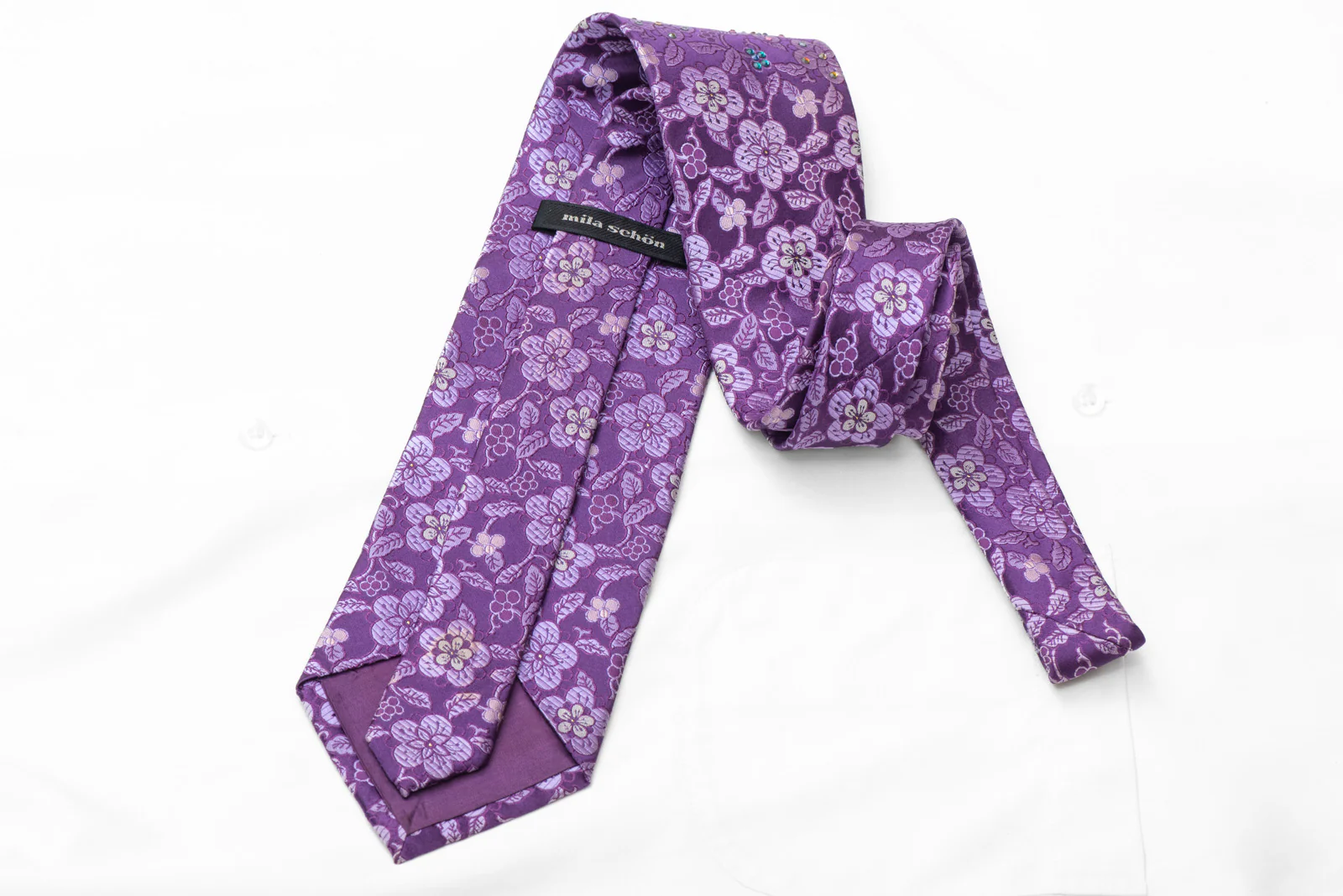 Floral On Purple Rhinestone Silk Necktie - Image 5