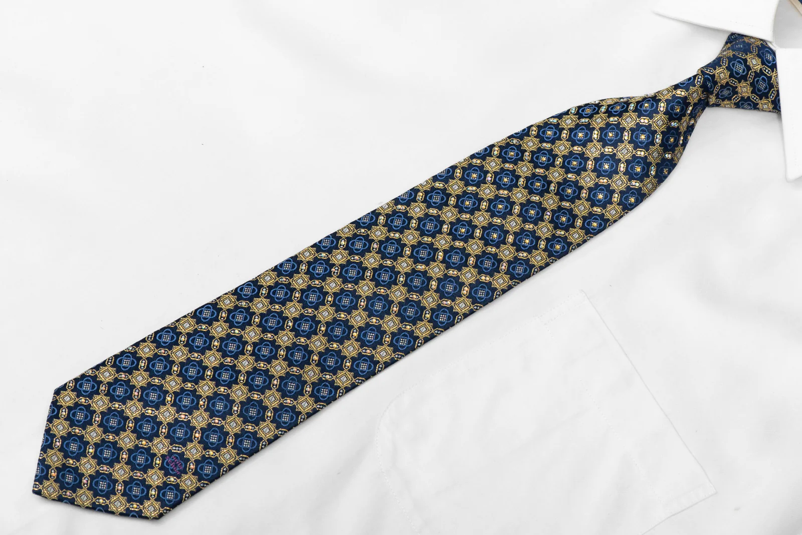 Gold Interlocking Geometric Design On Dark Blue Rhinestone Tie With Gold Sparkles - Image 3