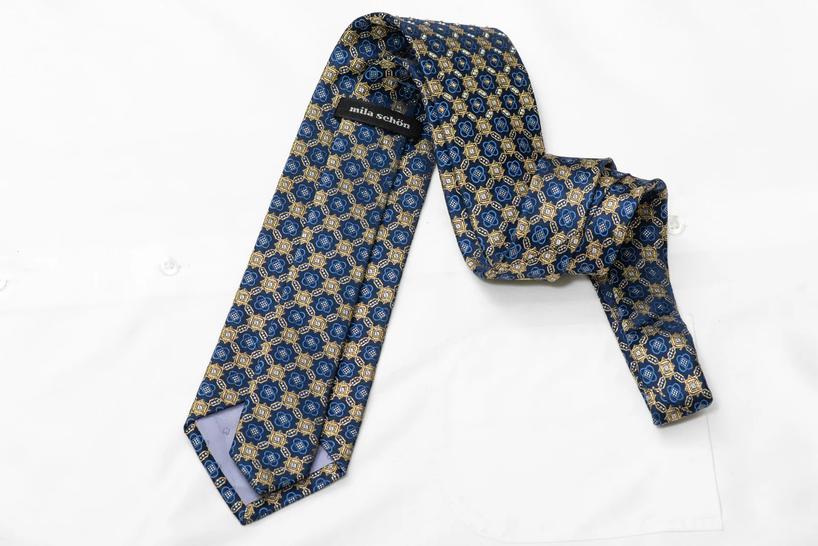 Gold Interlocking Geometric Design On Dark Blue Rhinestone Tie With Gold Sparkles - Image 4