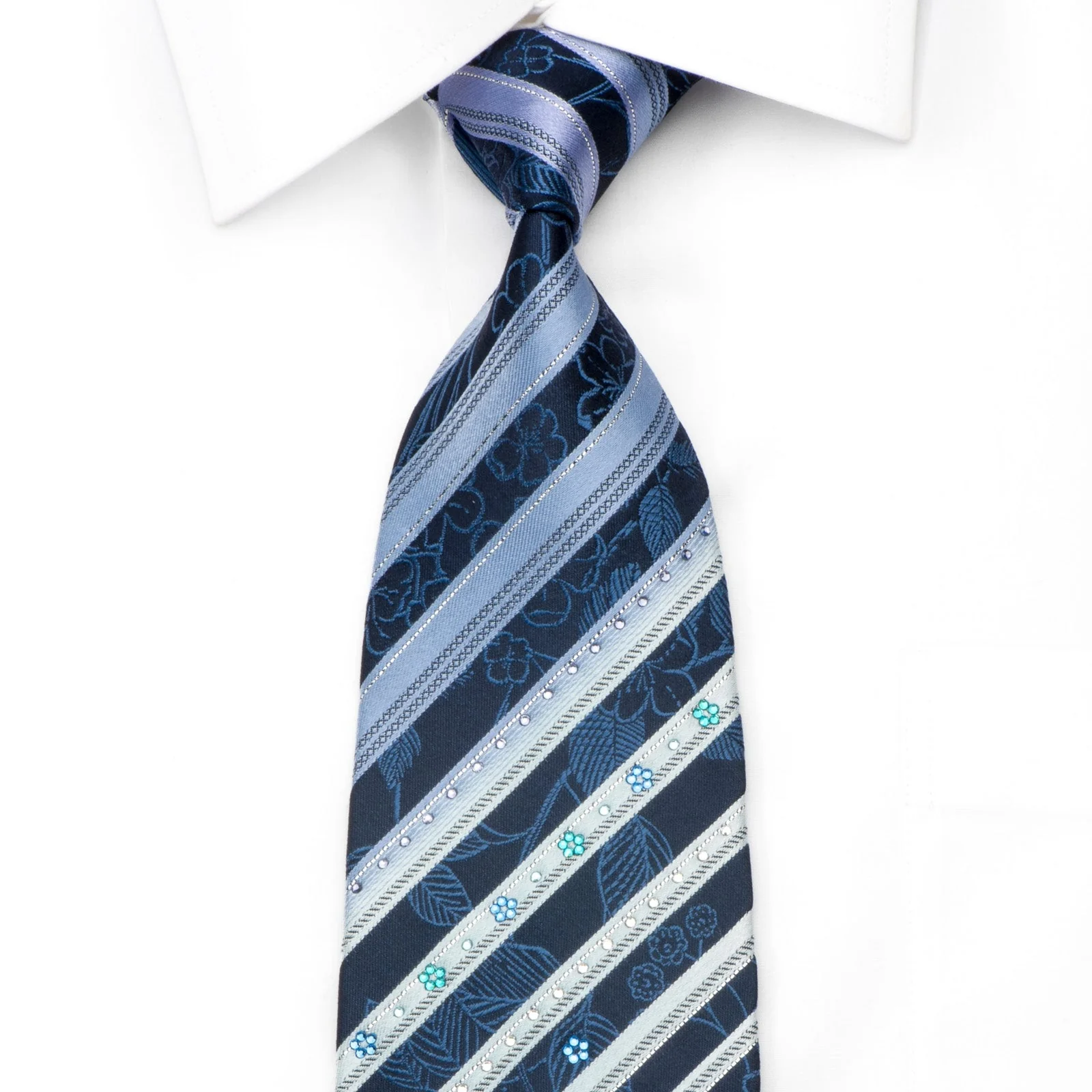 Mila Schon Men's Crystal Necktie Striped Floral On Blue With Sparkles