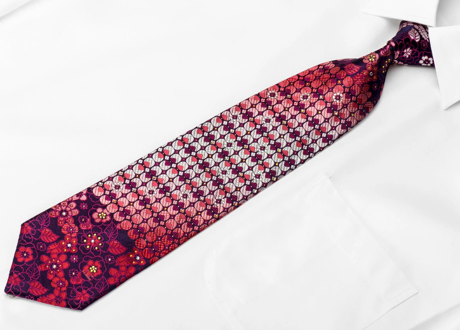 Mila Schon Men's Crystal Rhinestone Necktie Red Floral & Geometric On Purple With Silver Sparkles - Image 4