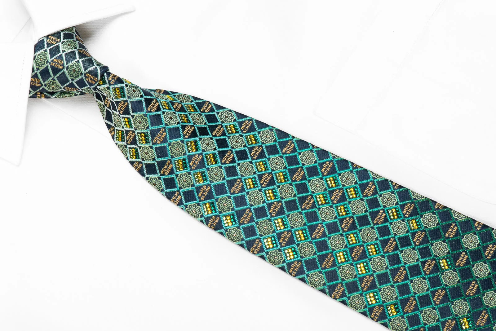 Mila Schon Men's Crystal Rhinestone Silk Necktie Checkered On Green With Sparkles - Image 2
