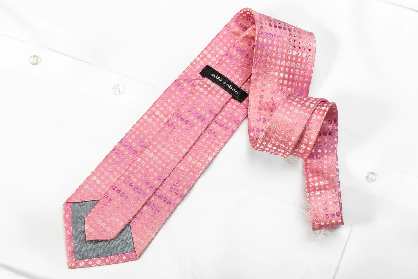 Mila Schon Men's Crystal Rhinestone Silk Necktie Geometric Circles On Pink - Image 4