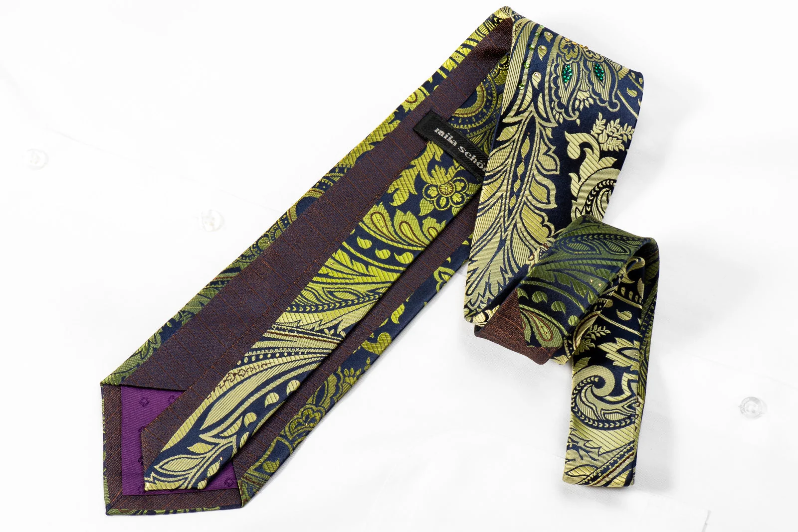 Green Acanthus On Navy Men's Crystal Rhinestone Silk Necktie - Image 4