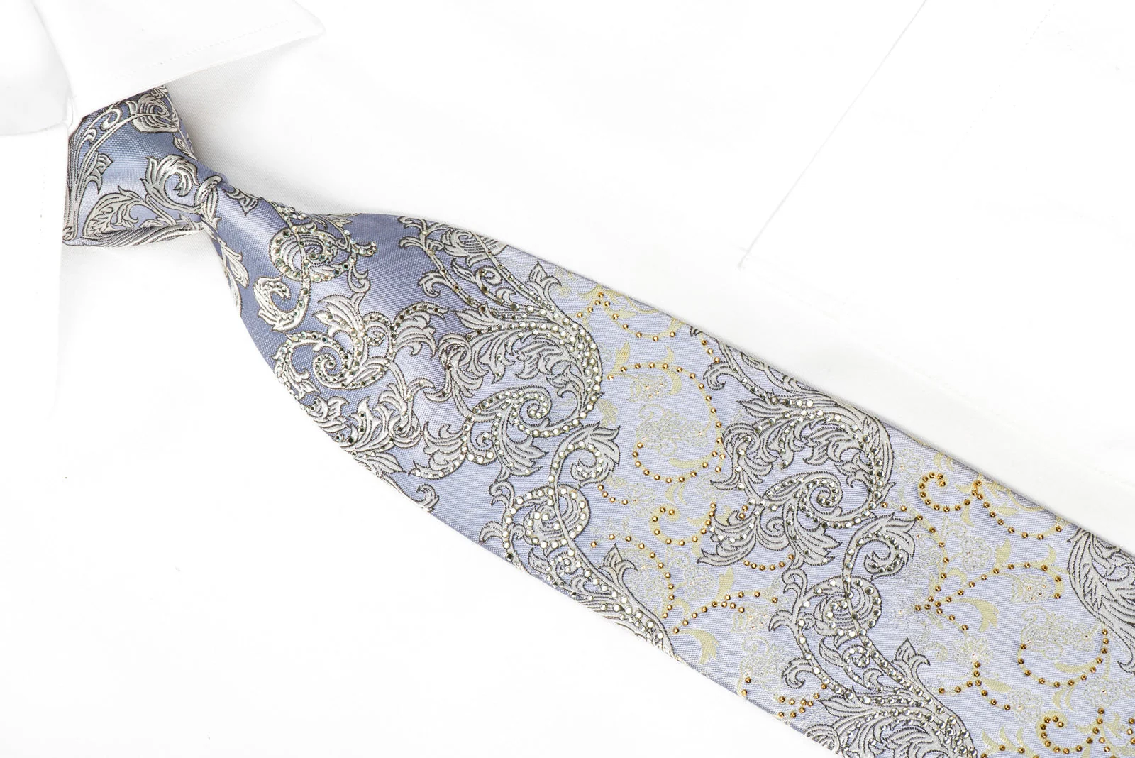 Mila Schon Men's Crystal Rhinestone Silk Necktie Silver Acanthus On Mauve With Gold Sparkles - Image 2