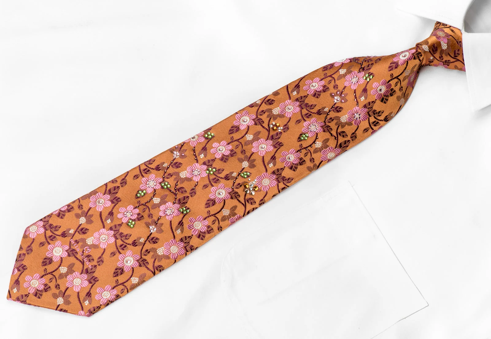 Mila Schon Men's Crystal Silk Necktie Pink Floral On Orange Sparkling With Rhinestones - Image 3