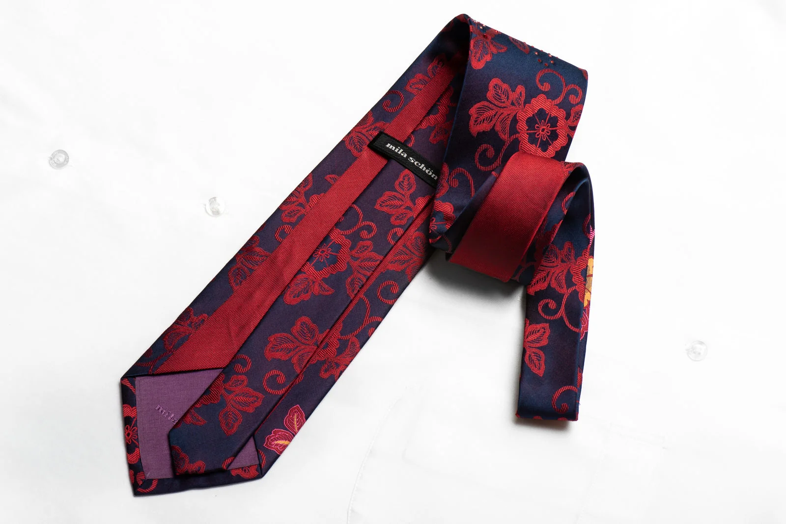 Mila Schon Men's Crystal Silk Necktie Red Floral On Navy Sparkling With Rhinestones - Image 4
