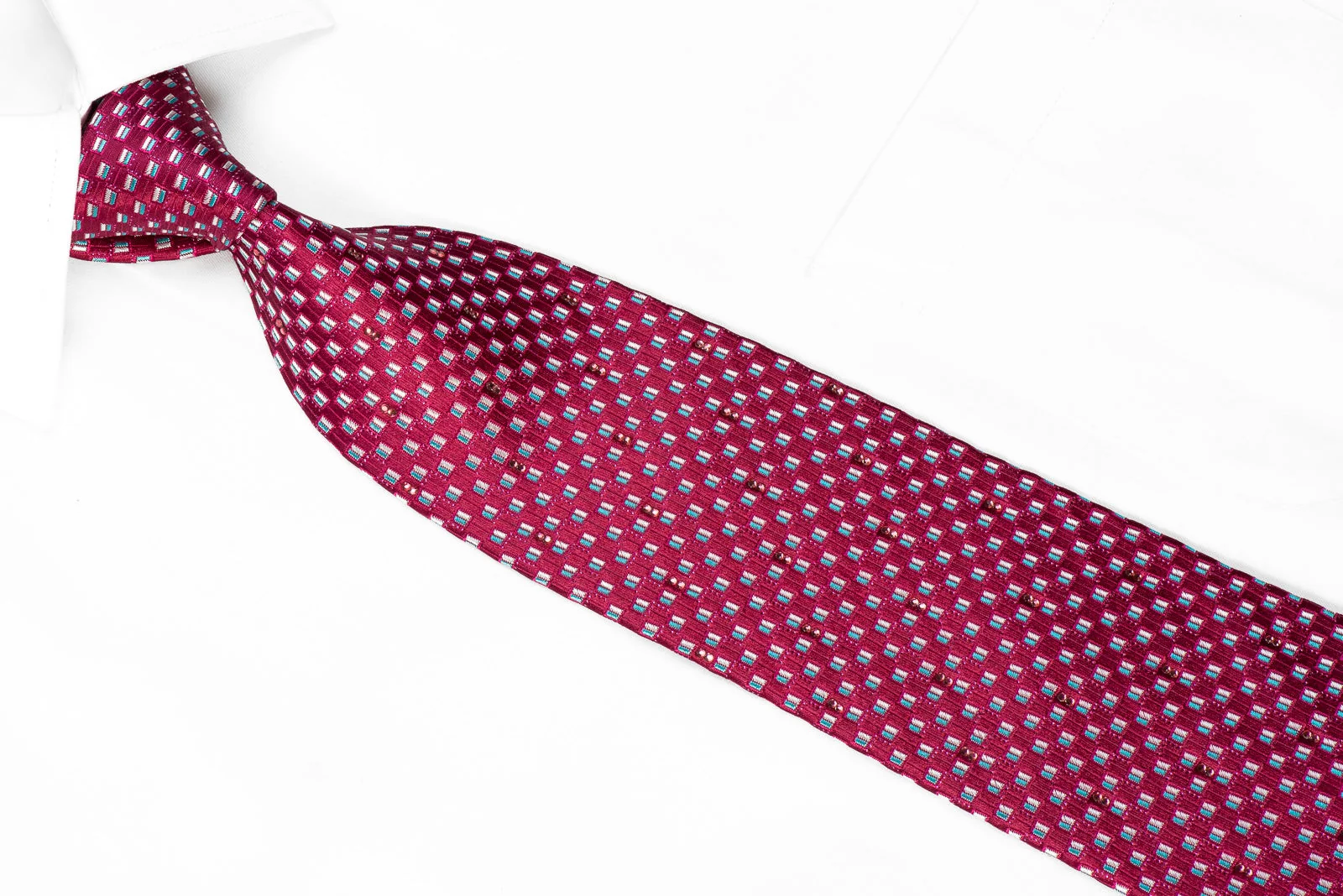 Mila Schon Men's Crystal Silk Necktie Silver Blue Micro Squares On Purple With Sparkles - Image 2