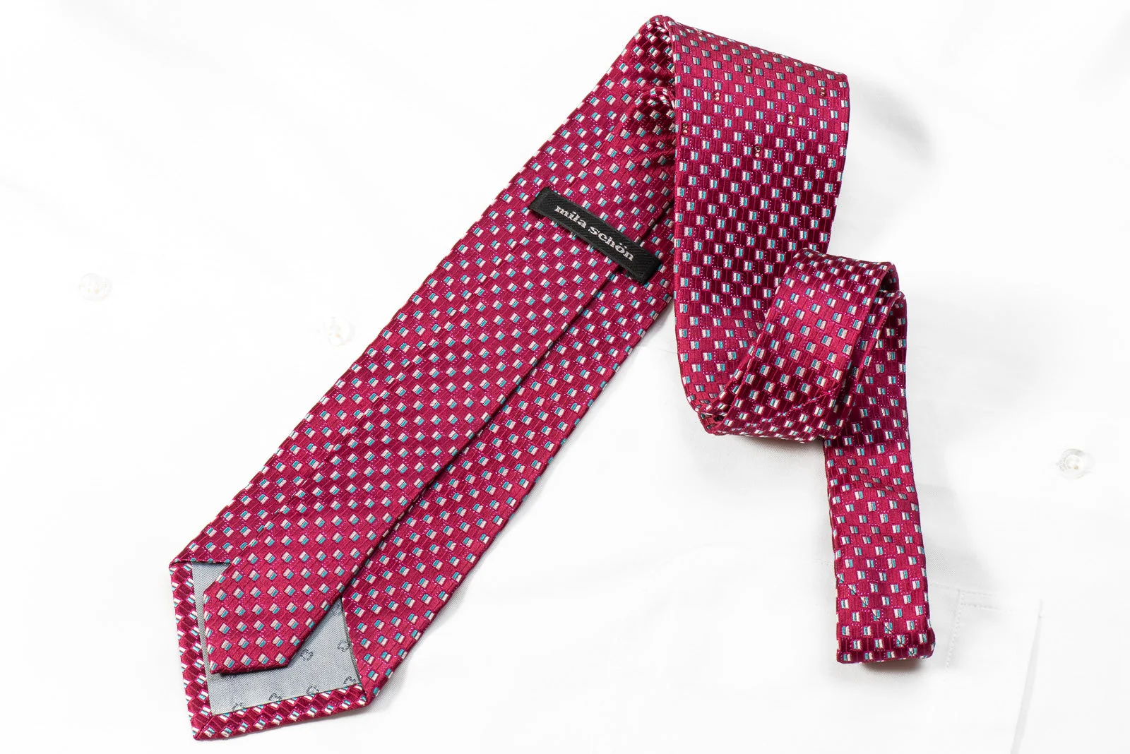 Mila Schon Men's Crystal Silk Necktie Silver Blue Micro Squares On Purple With Sparkles - Image 4