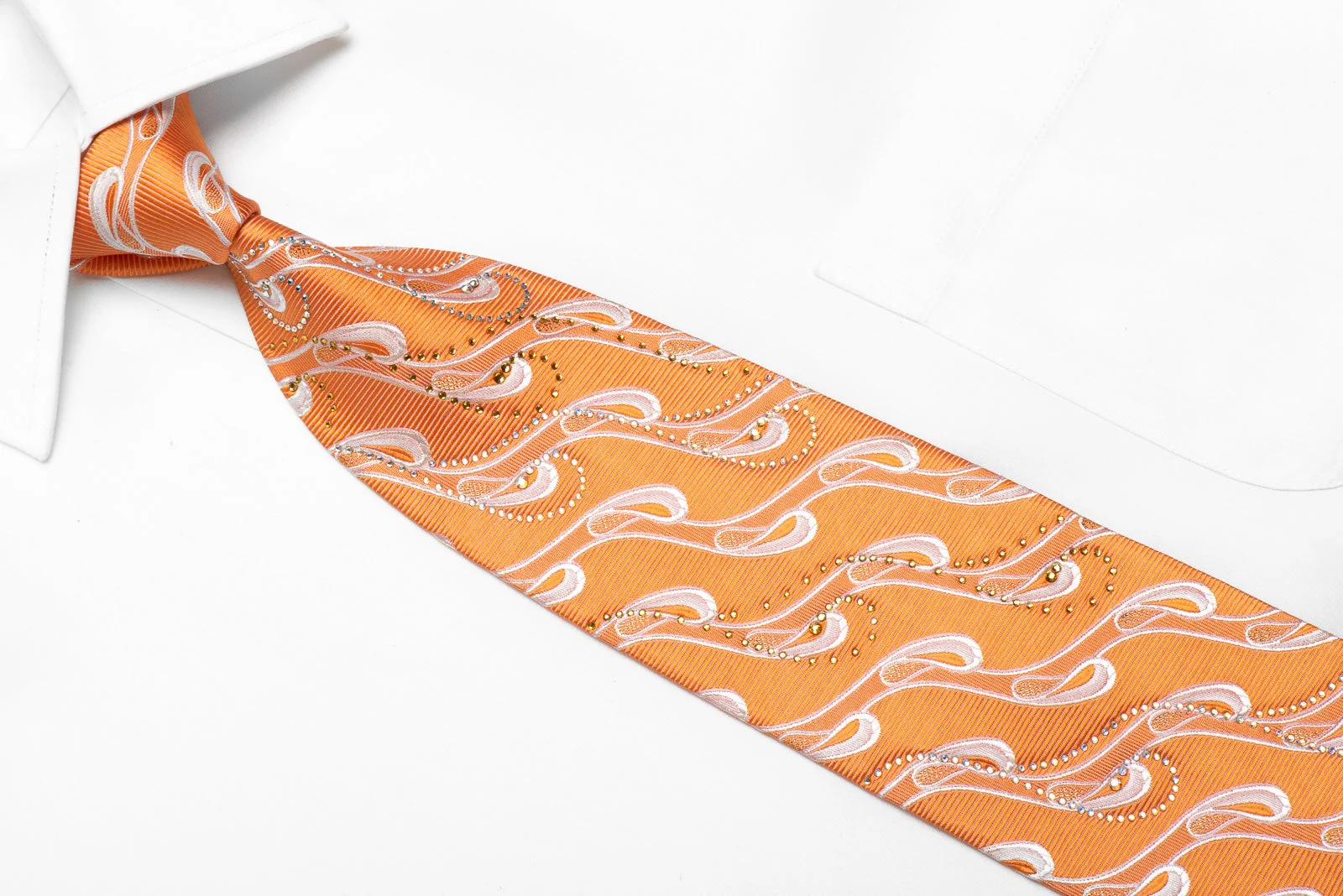 Mila Schon Men's Crystal Silk Necktie Waves On Orange With Gold Sparkles - Image 2