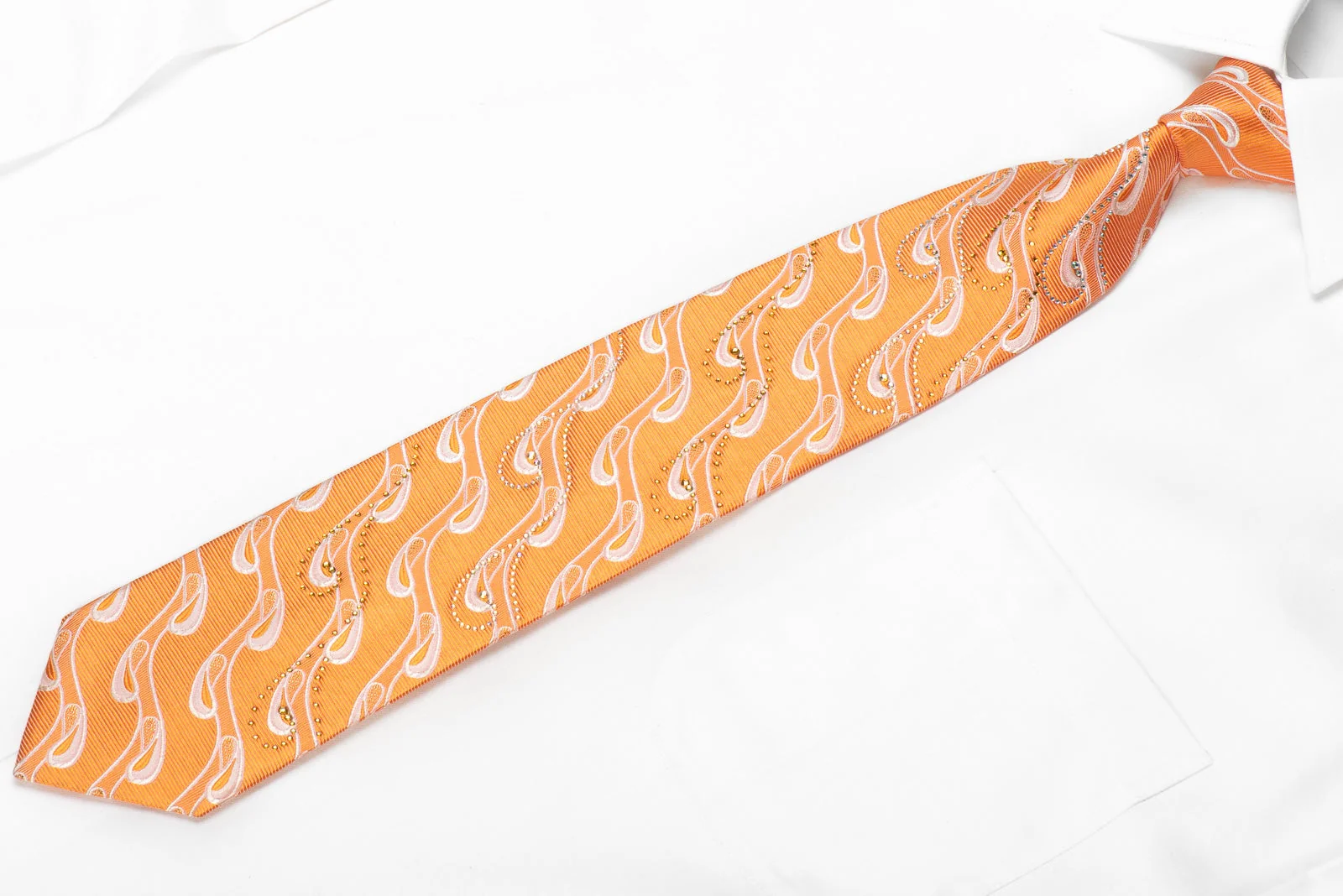 Mila Schon Men's Crystal Silk Necktie Waves On Orange With Gold Sparkles - Image 3