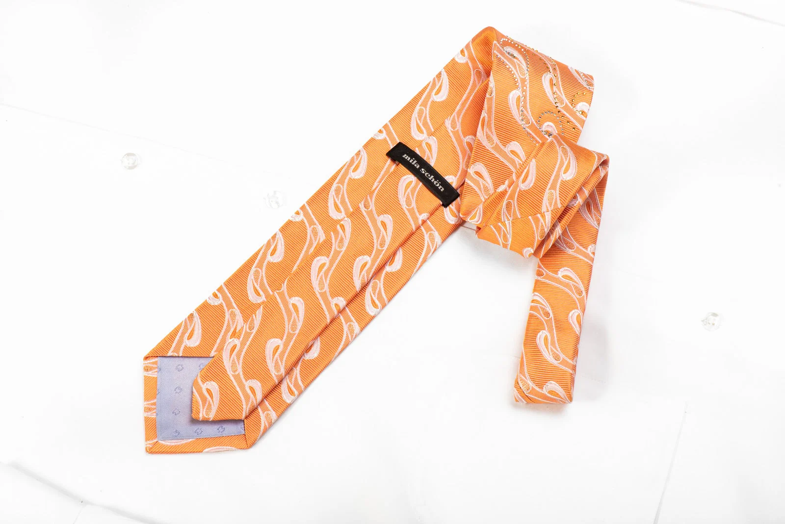 Mila Schon Men's Crystal Silk Necktie Waves On Orange With Gold Sparkles - Image 4