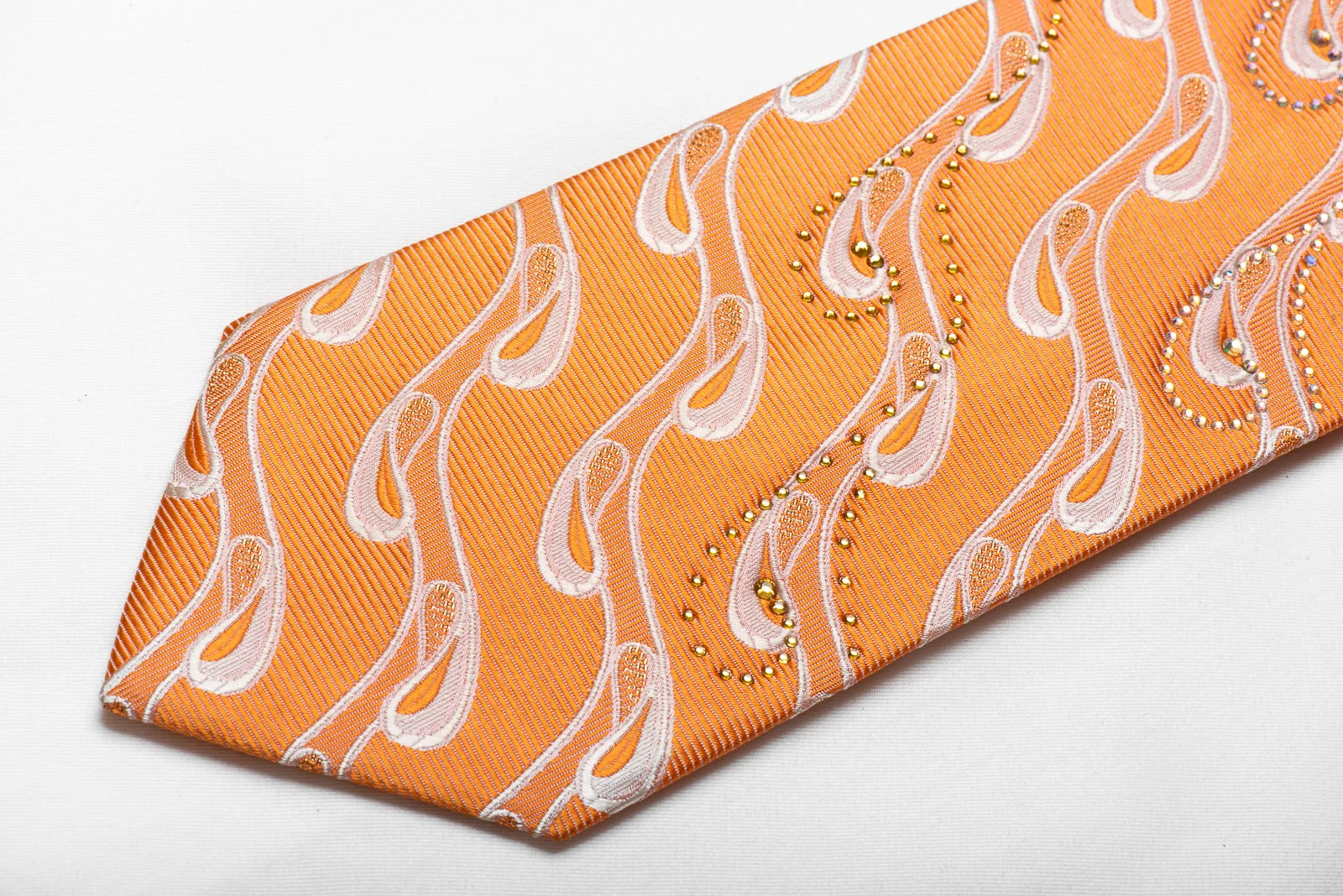 Mila Schon Men's Crystal Silk Necktie Waves On Orange With Gold Sparkles - Image 5