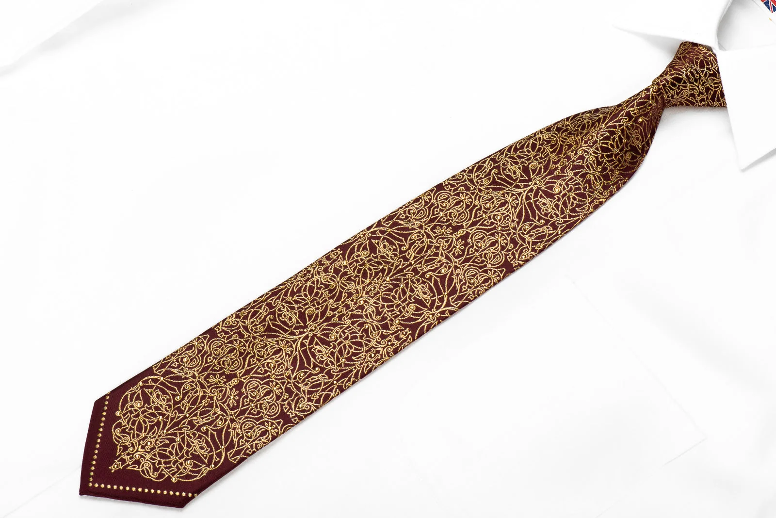 Mila Schon Men's Crystal Silk Tie Gold Damask On Burgundy With Gold Sparkles - Image 4