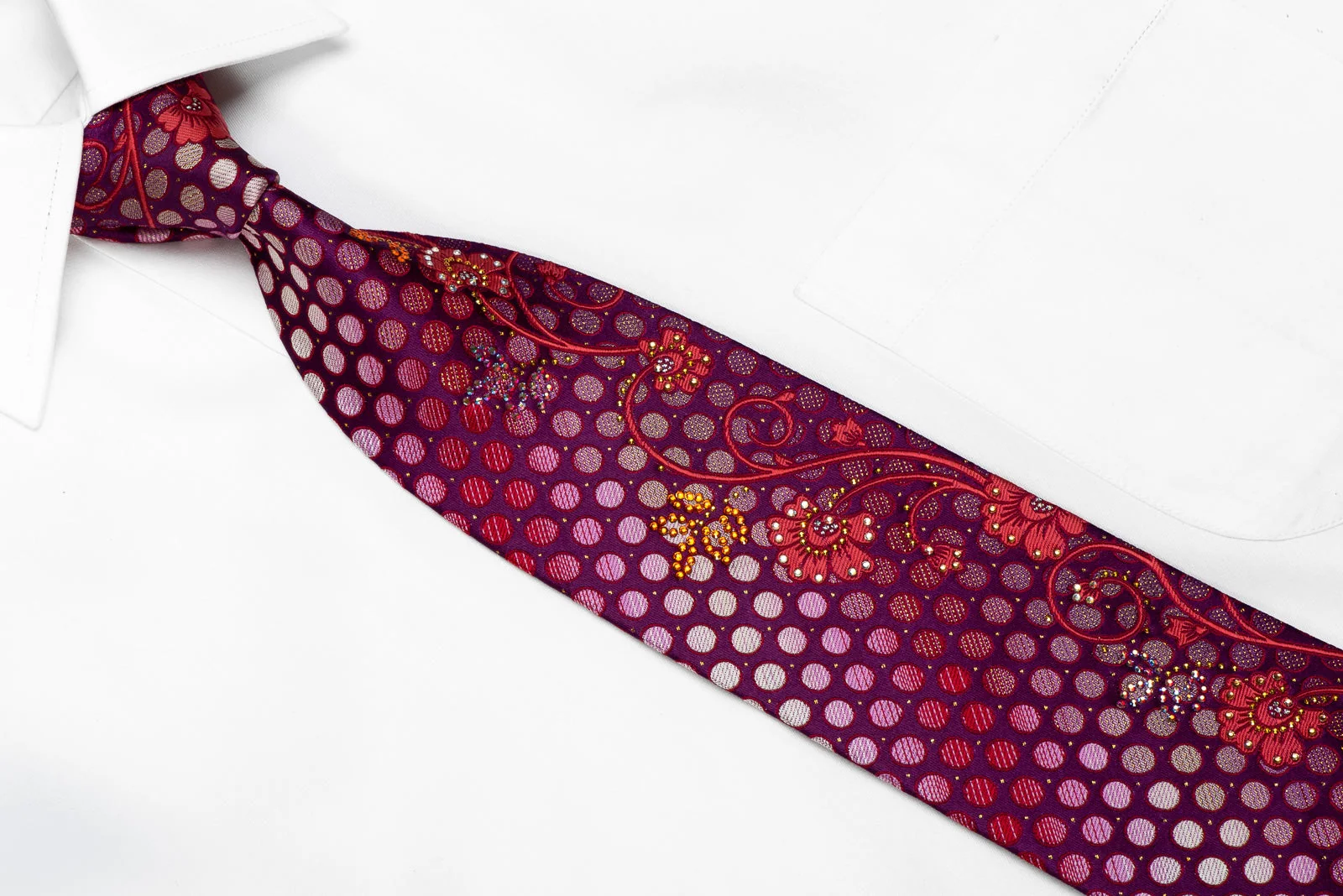 Mila Schon Men's Crystal Silk Tie Red Floral & Dots On Purple With Gold Sparkles - Image 3