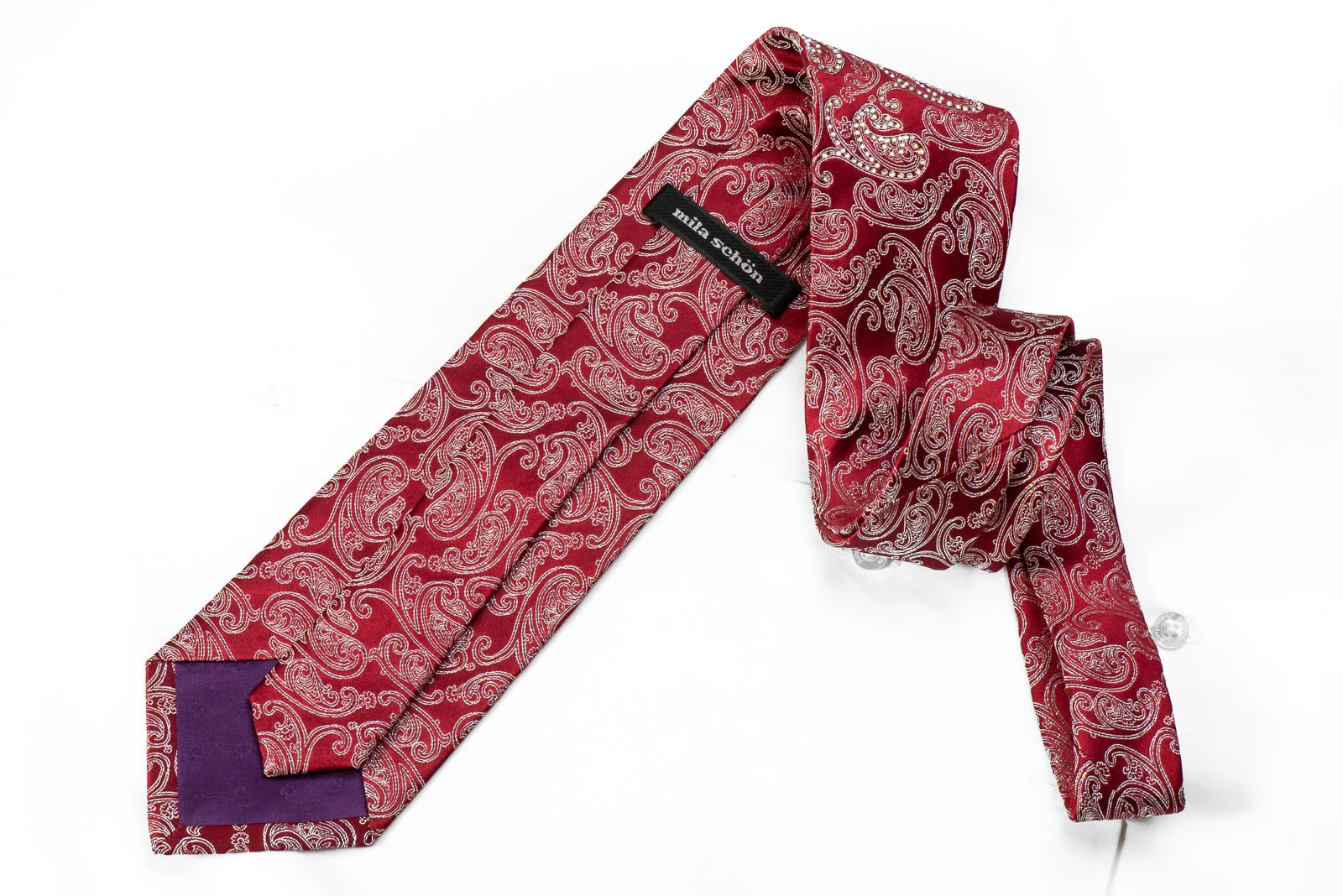 Mila Schon Men's Crystal Silk Tie Silver Paisley On Burgundy With Silver Sparkles - Image 4