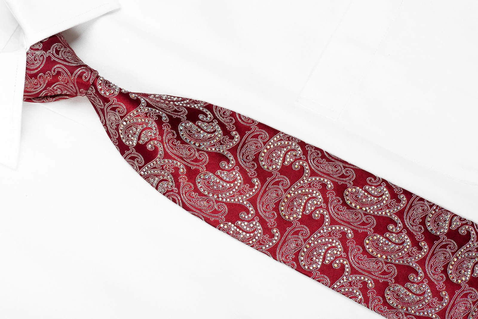 Mila Schon Men's Crystal Silk Tie Silver Paisley On Burgundy With Silver Sparkles - Image 5