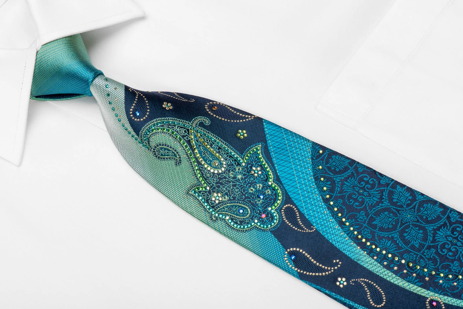 Mila Schon Men's Crystal Silk Tie Turquoise Boteh Paisley On Blue With Sparkles - Image 3