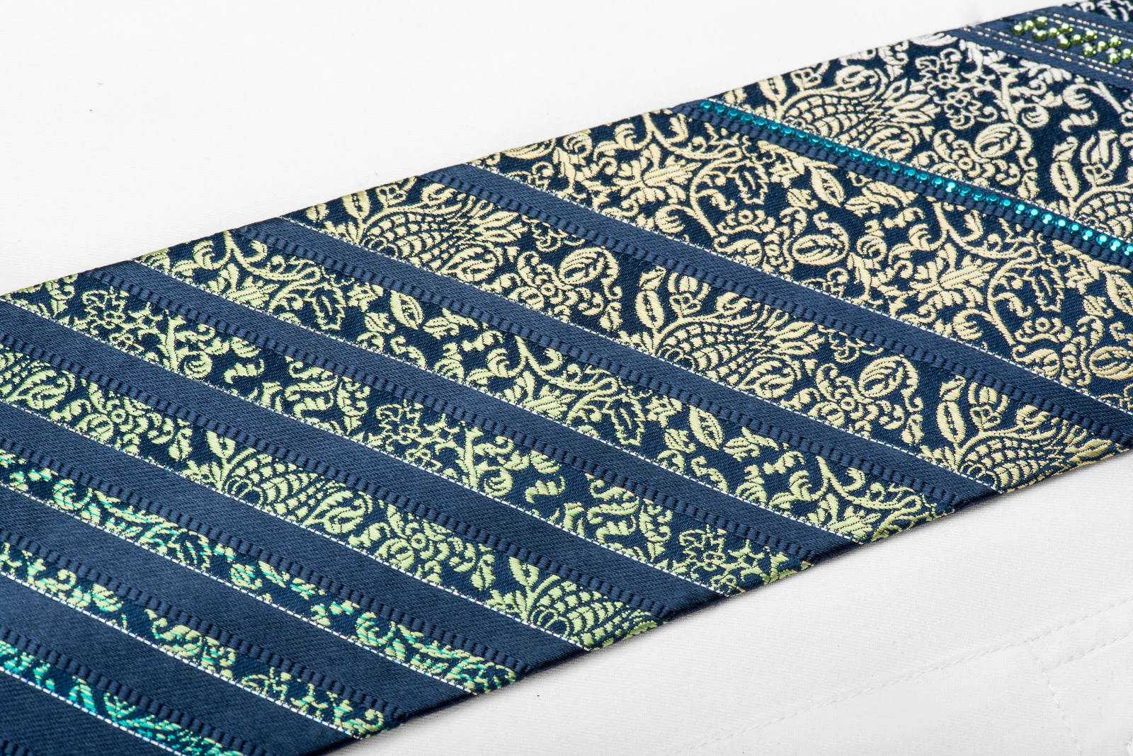 Mila Schon Men's Crystal Silk Tie Yellow Green Anthemion Stripes On Dark Blue With Sparkles - Image 4
