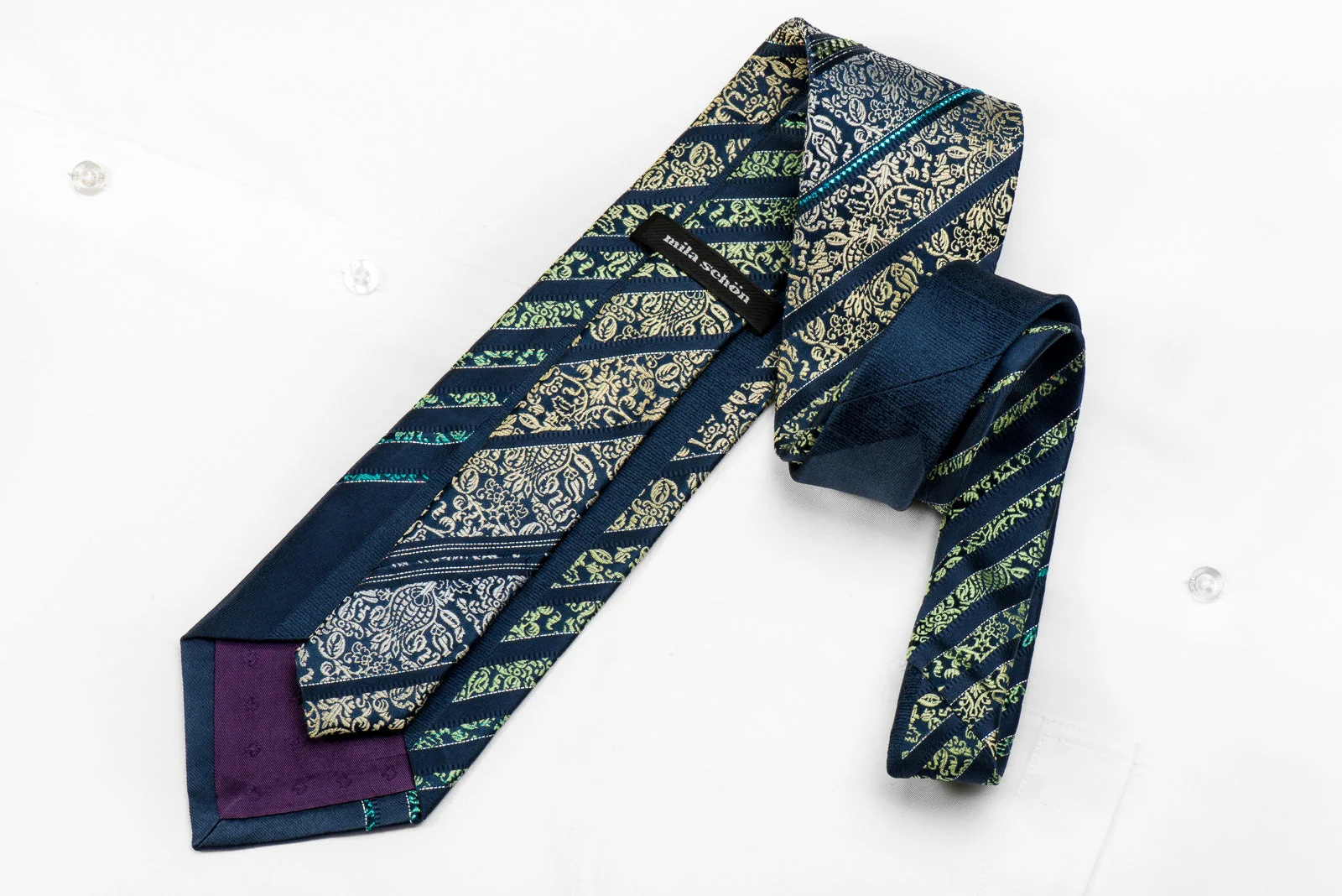 Mila Schon Men's Crystal Silk Tie Yellow Green Anthemion Stripes On Dark Blue With Sparkles - Image 5