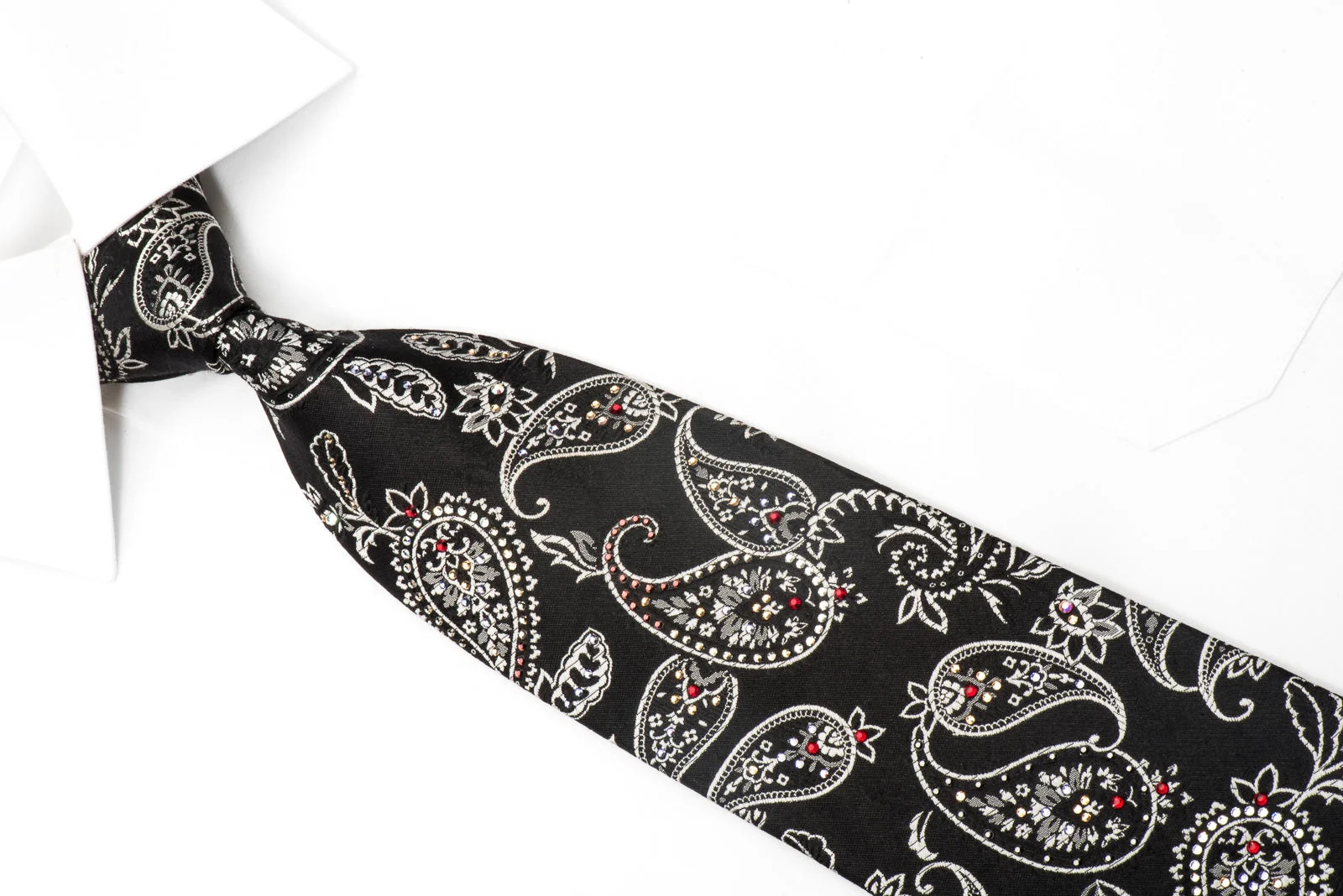 Mila Schon Men's Crystal Tie Silver Paisley On Black Sparkling With Rhinestones - Image 2